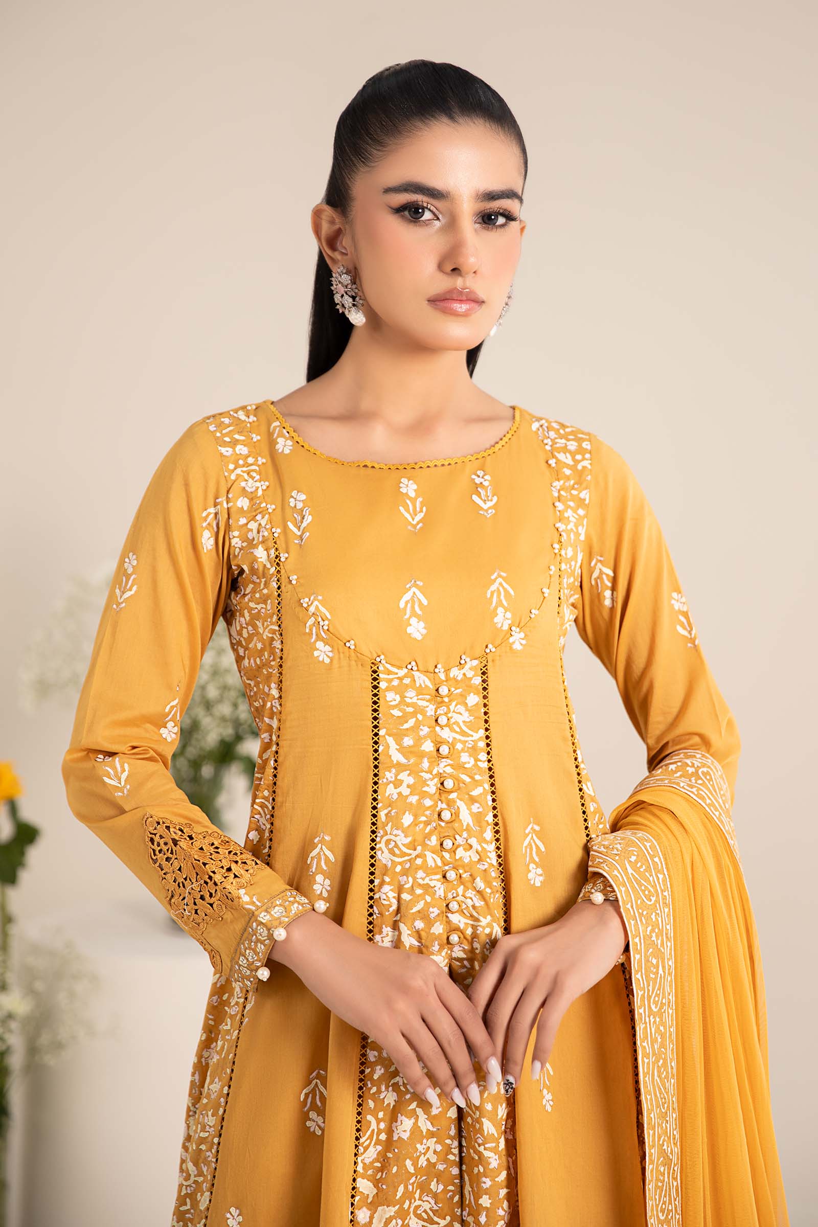 Mustard Yellow Block-Printed Lawn Frock (3-Piece) - Image 3