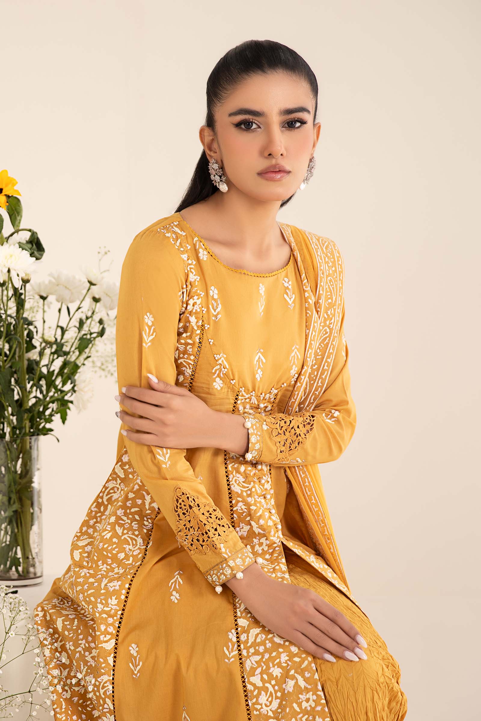 Mustard Yellow Block-Printed Lawn Frock (3-Piece) - Image 4