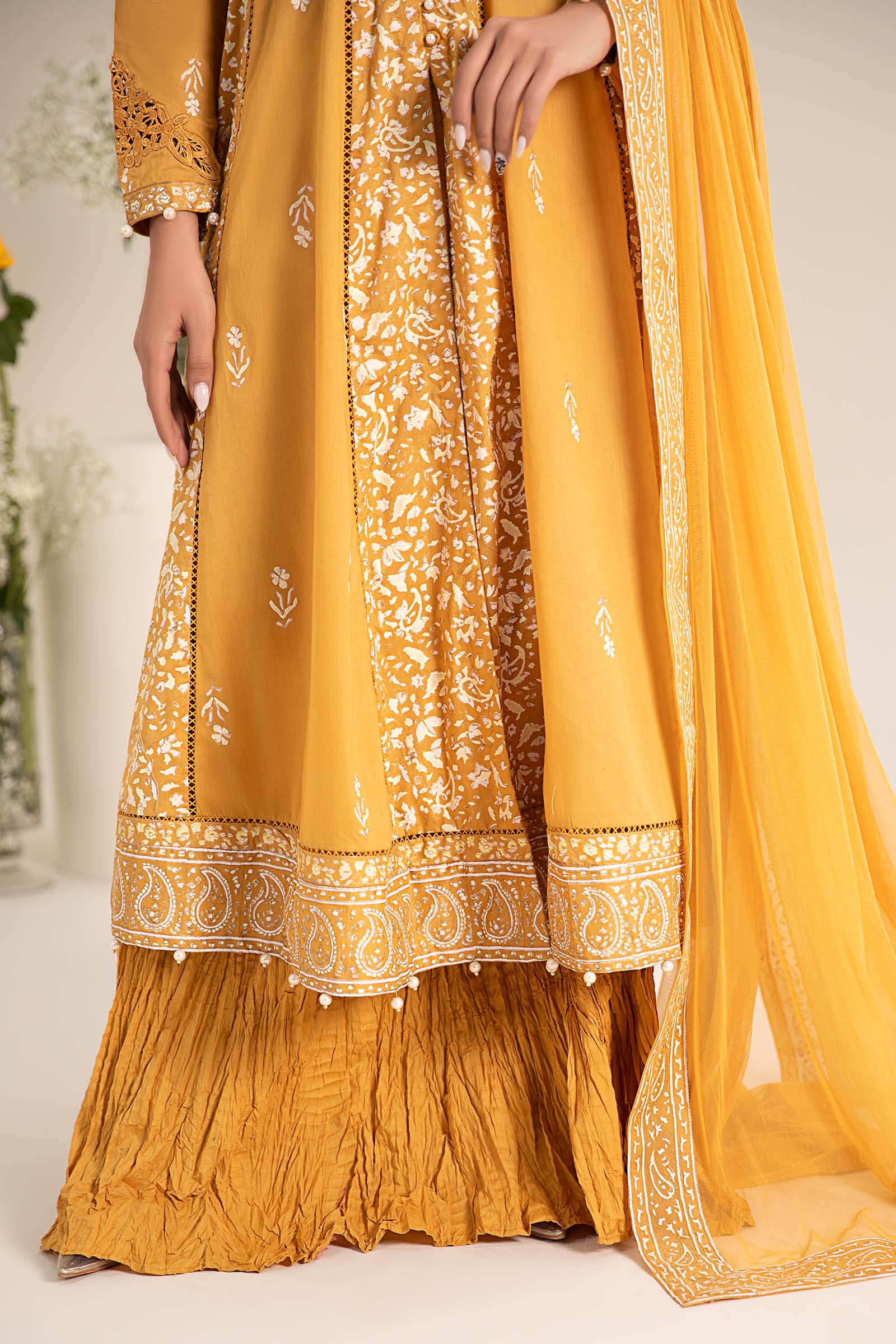 Mustard Yellow Block-Printed Lawn Frock (3-Piece) - Image 5