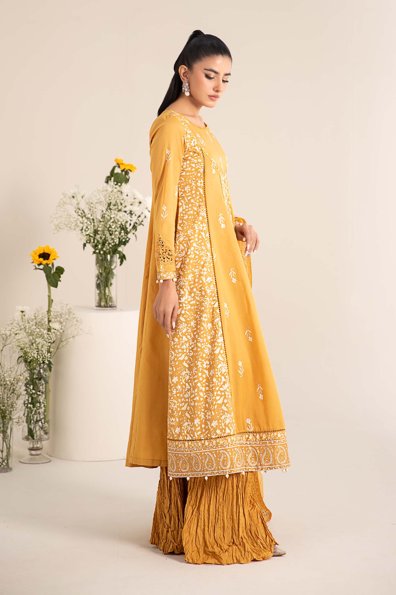 Mustard Yellow Block-Printed Lawn Frock (3-Piece) - Image 7