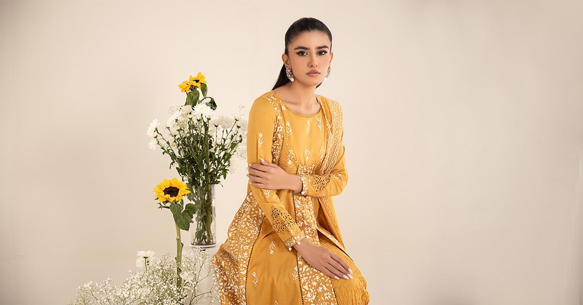 Mustard Yellow Block-Printed Lawn Frock (3-Piece) - Image 9