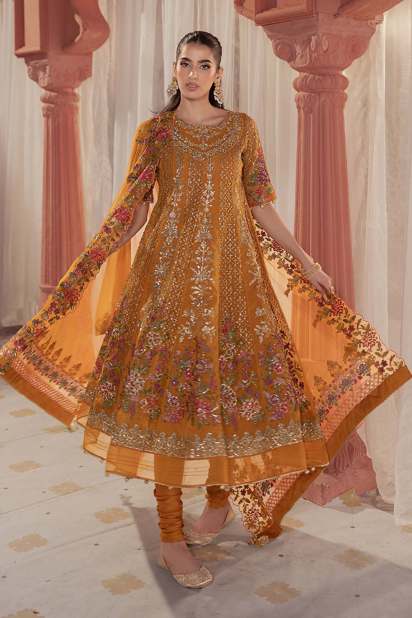 Mustard Embroidered Organza Frock Dress (3-Piece) - Image 10