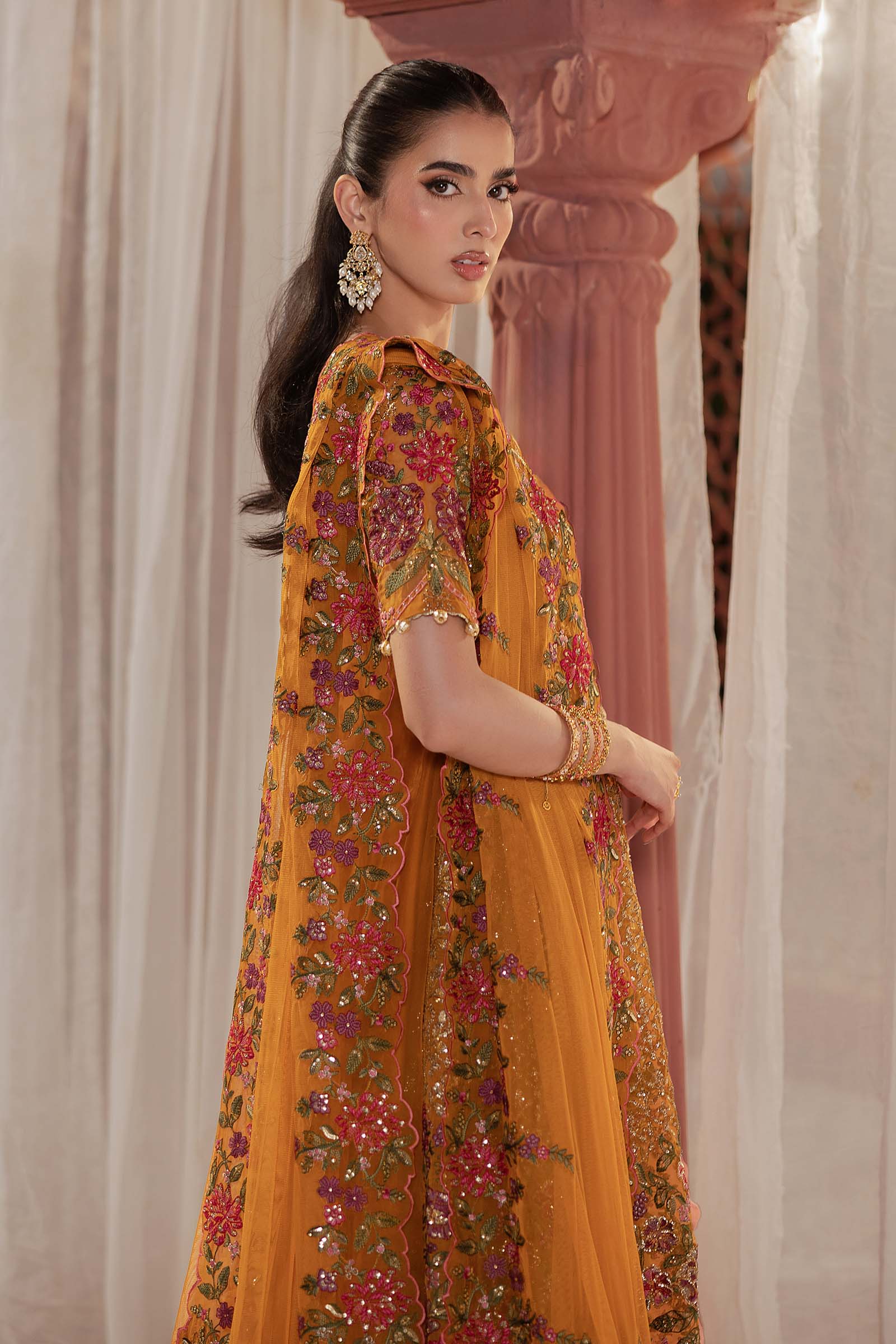 Mustard Embroidered Organza Frock Dress (3-Piece) - Image 2