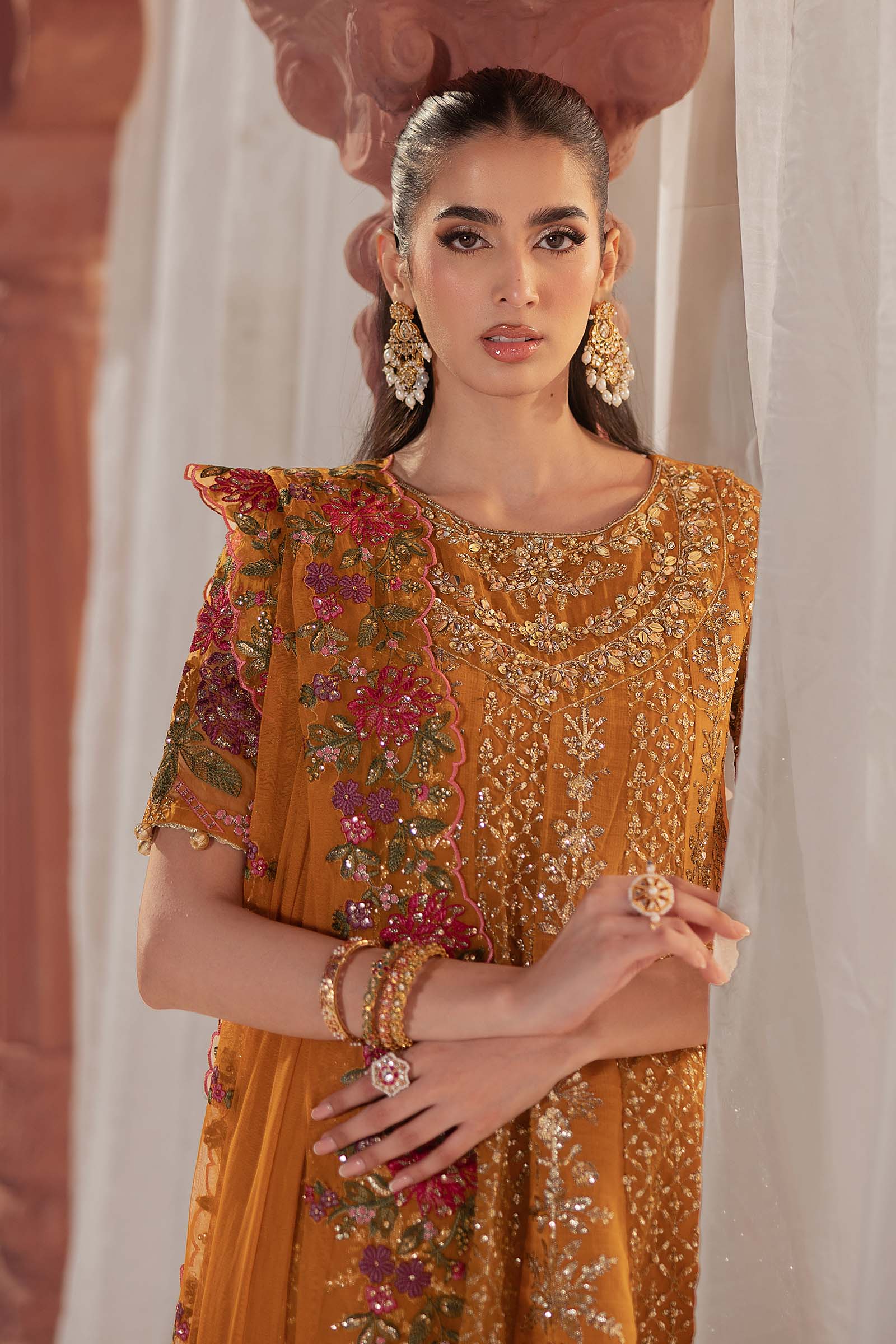 Mustard Embroidered Organza Frock Dress (3-Piece) - Image 4