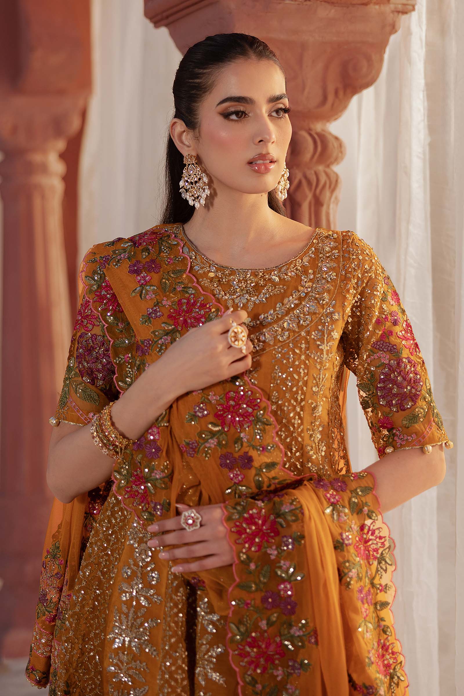 Mustard Embroidered Organza Frock Dress (3-Piece) - Image 6
