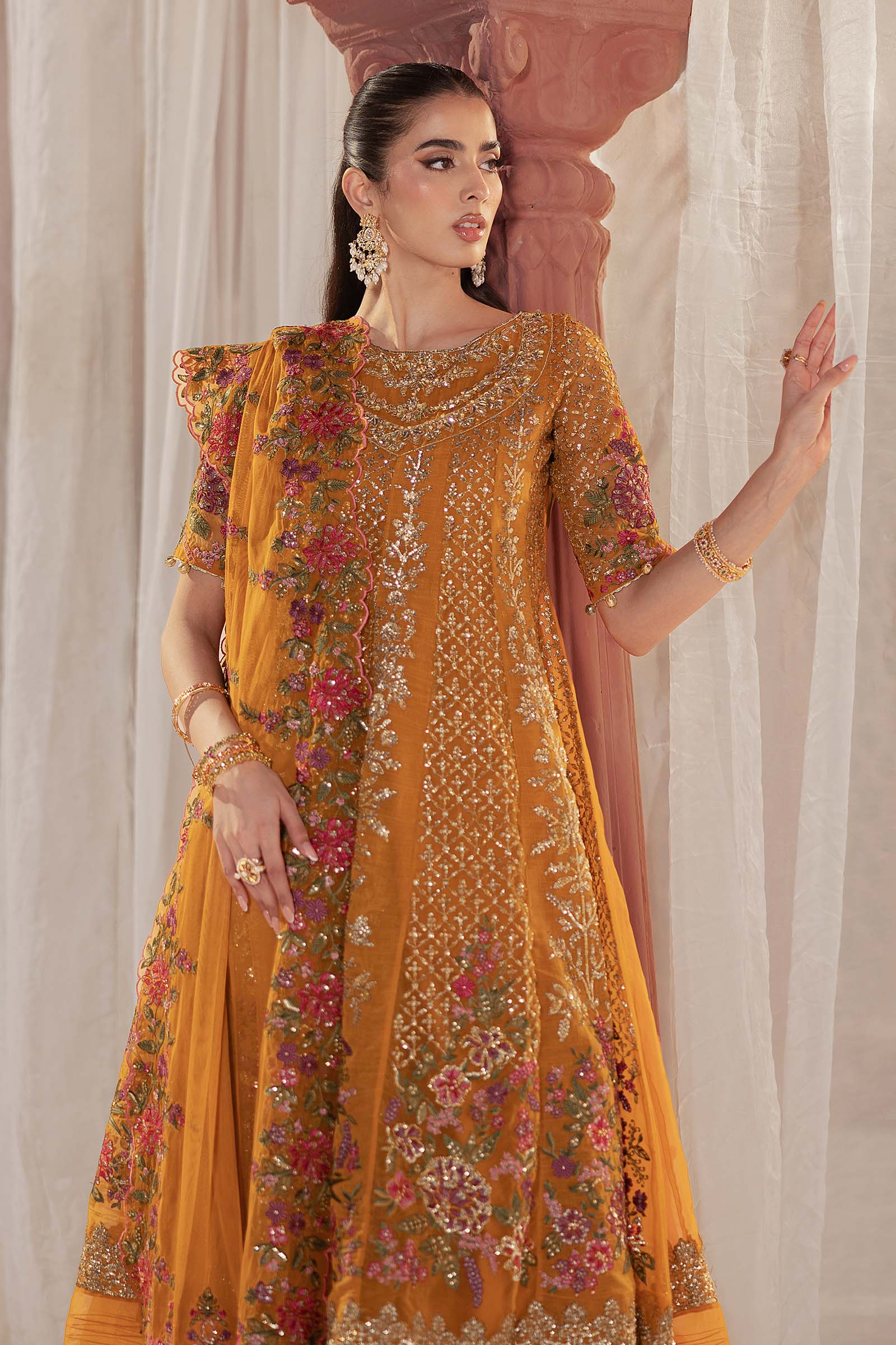 Mustard Embroidered Organza Frock Dress (3-Piece) - Image 8