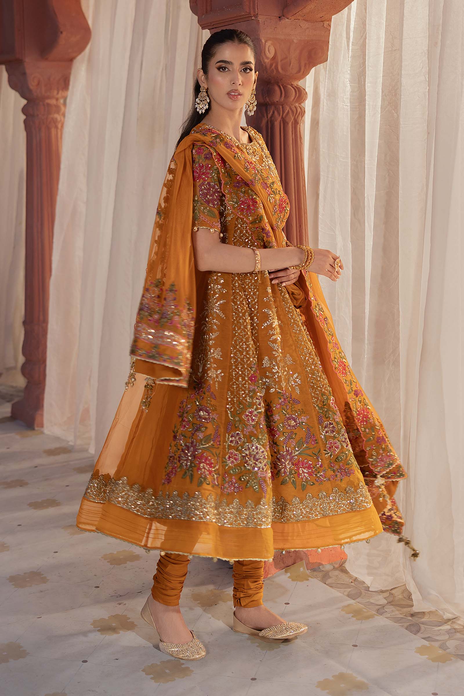Mustard Embroidered Organza Frock Dress (3-Piece) - Image 9