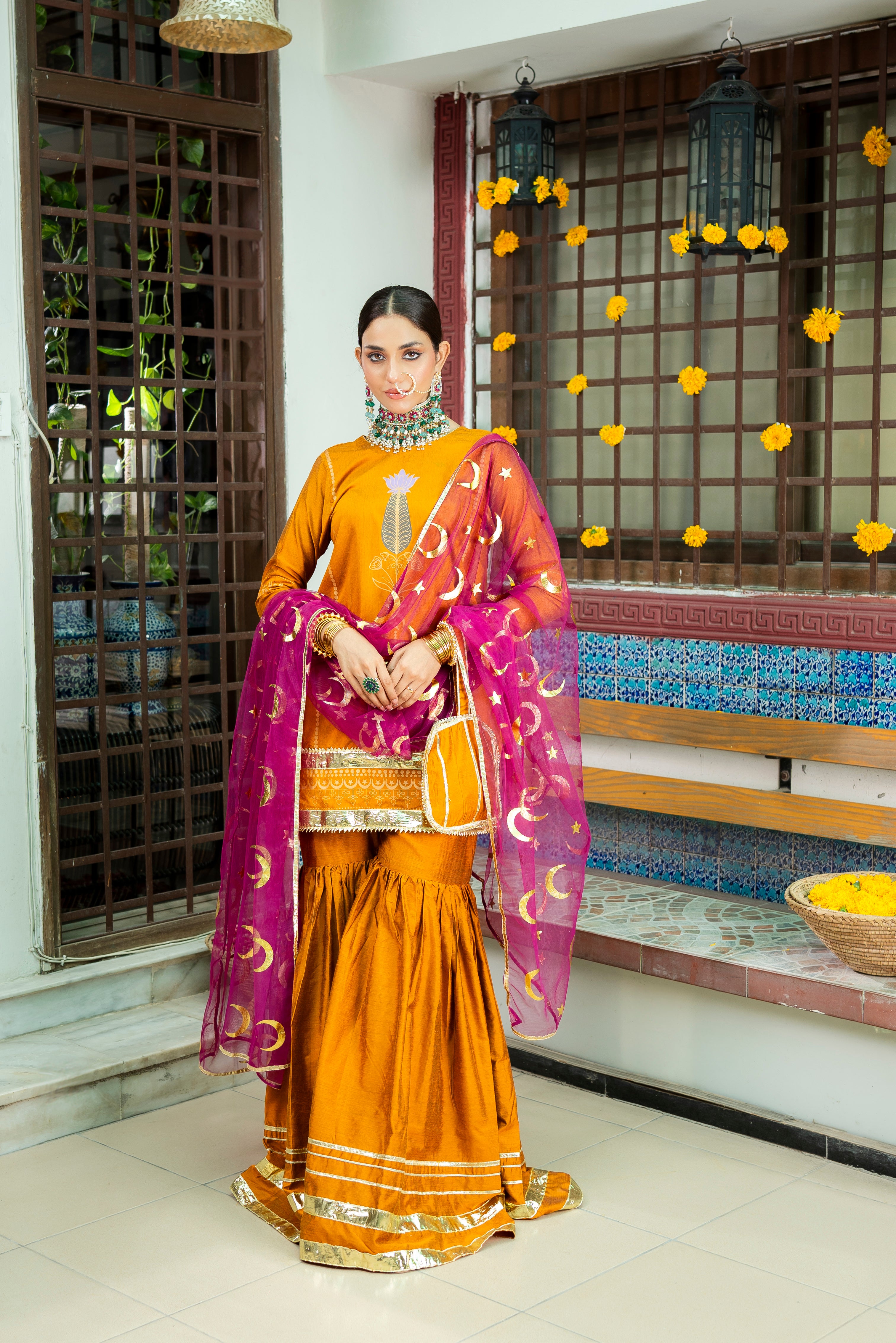 Pakistani Mustard Gota Banarsi Cotton Silk Gharara (3-Piece) - Image 2