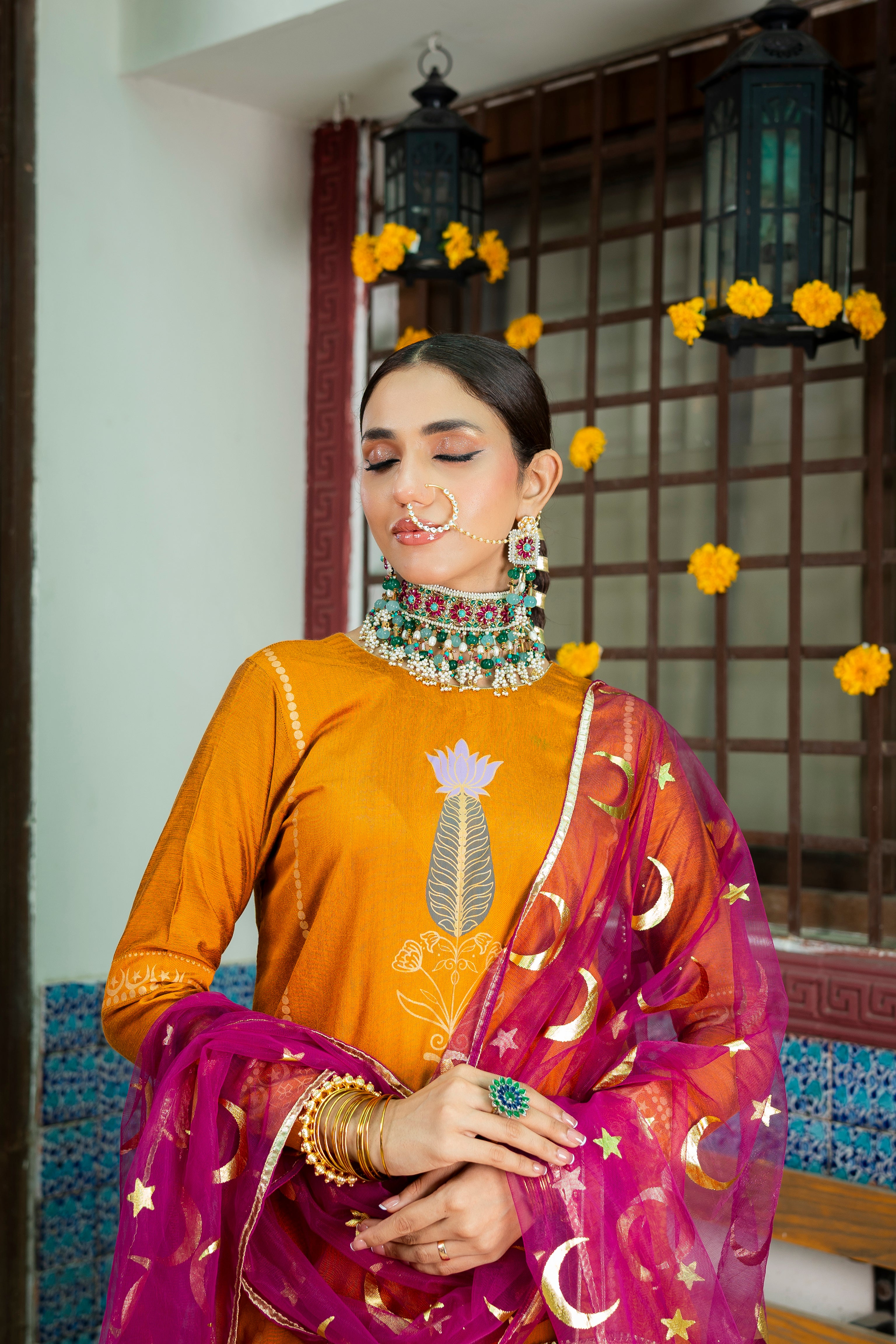 Pakistani Mustard Gota Banarsi Cotton Silk Gharara (3-Piece) - Image 3