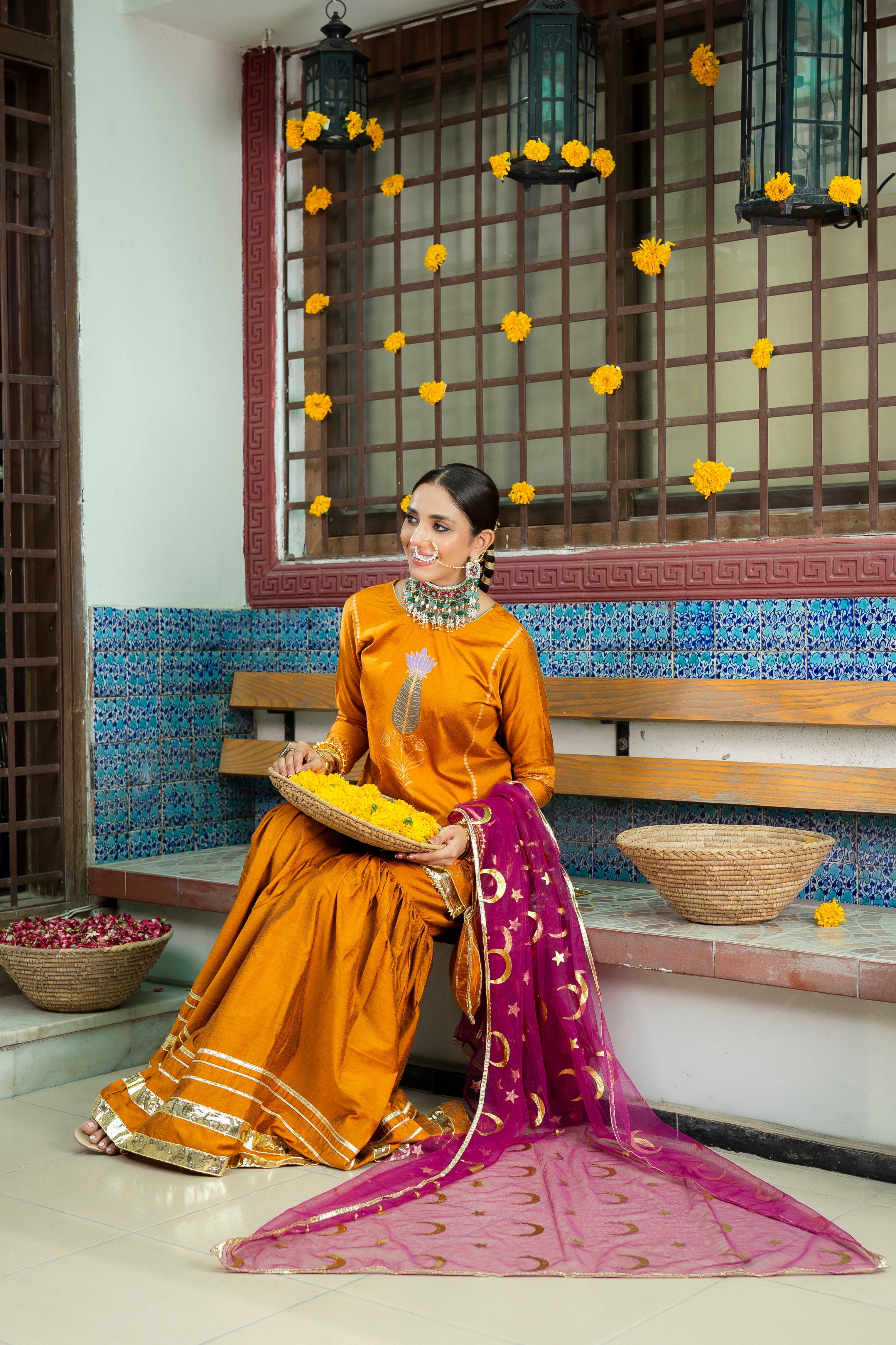 Pakistani Mustard Gota Banarsi Cotton Silk Gharara (3-Piece) - Image 4