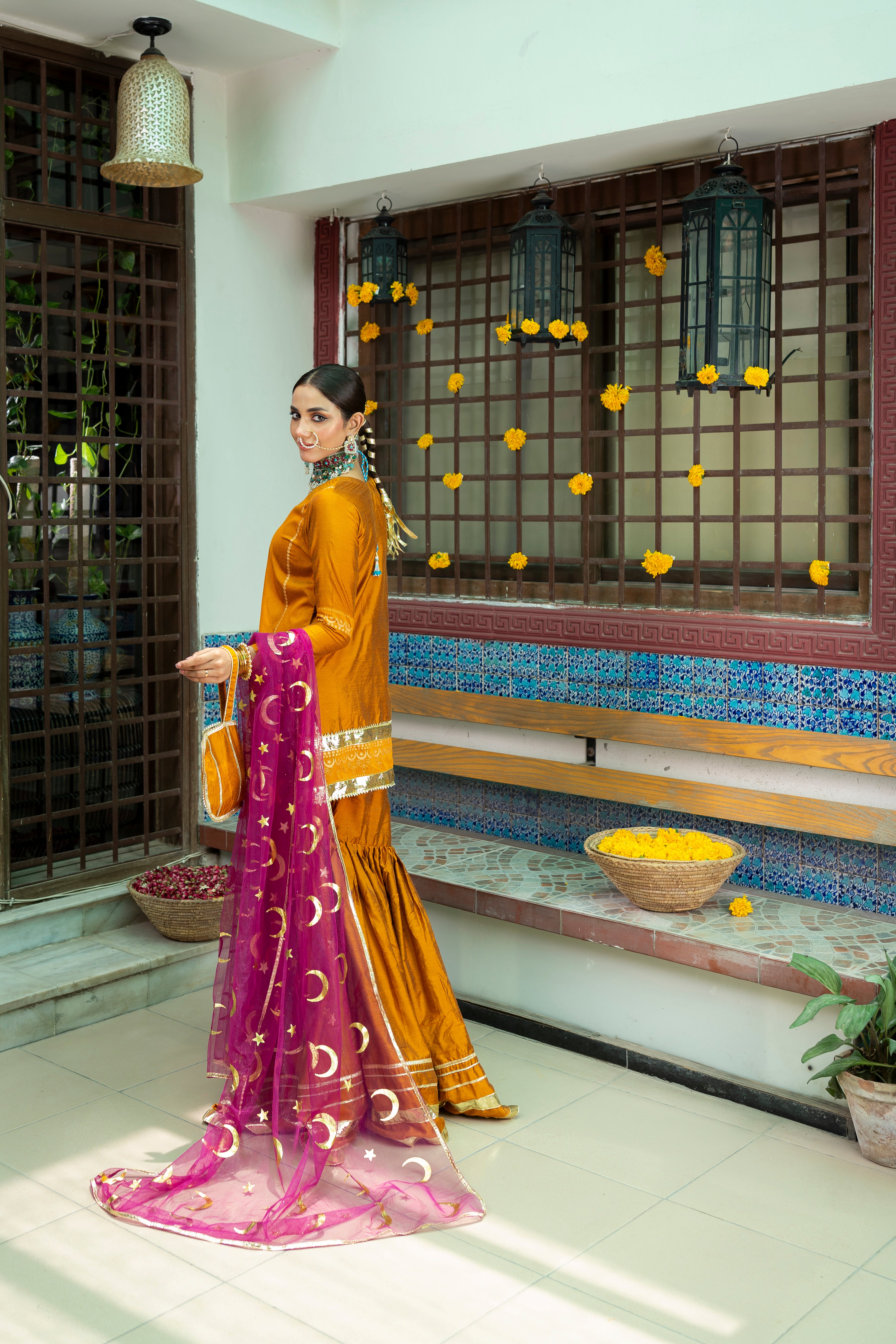 Pakistani Mustard Gota Banarsi Cotton Silk Gharara (3-Piece) - Image 6