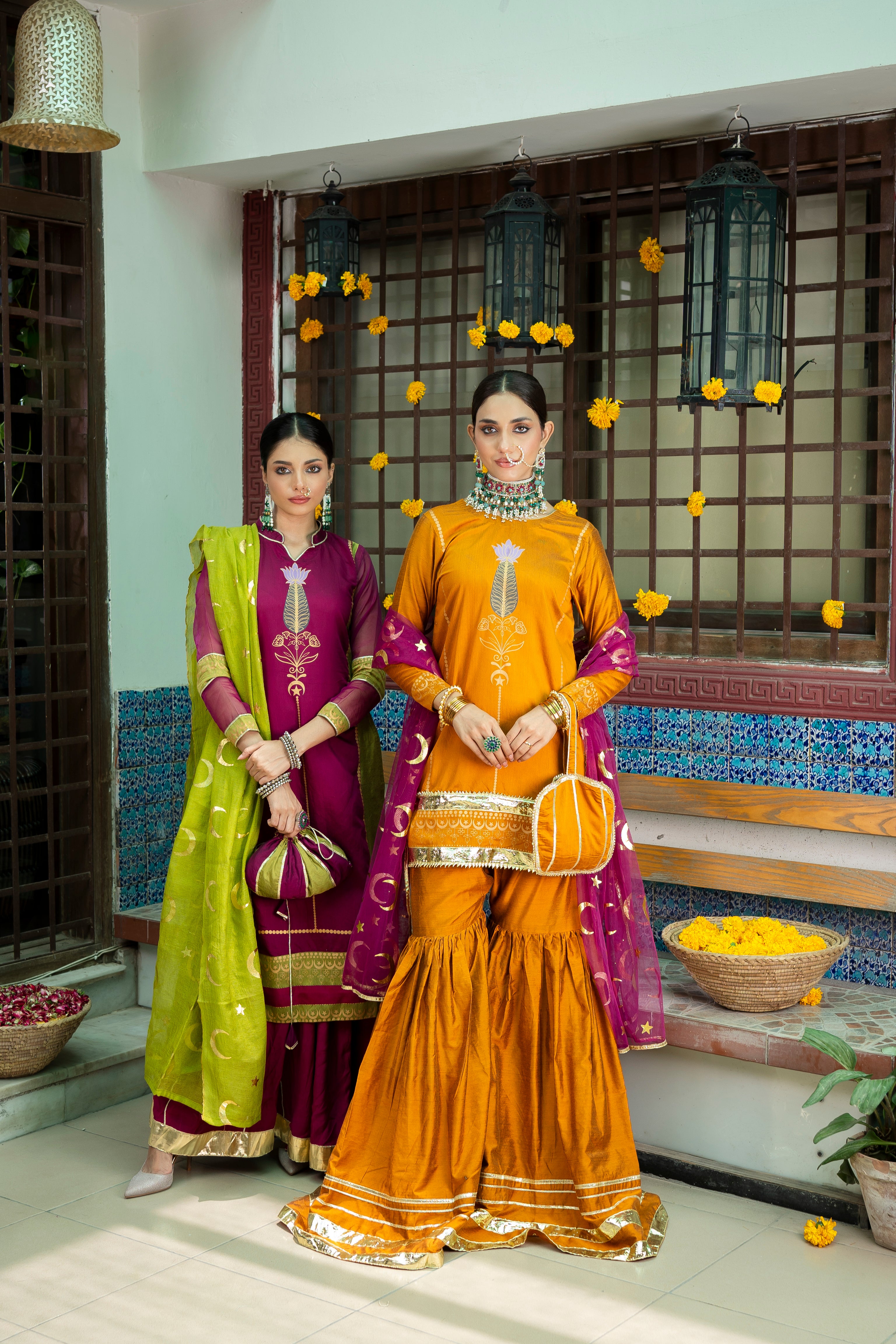 Pakistani Mustard Gota Banarsi Cotton Silk Gharara (3-Piece) - Image 7