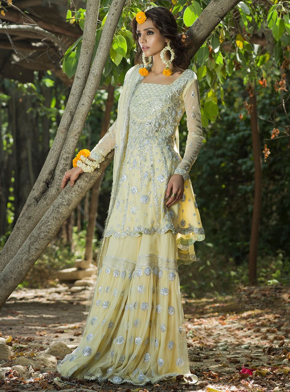 Pakistani Lemon Yellow Embellished Chiffon Peplum Gharara (3-Piece) - Image 2