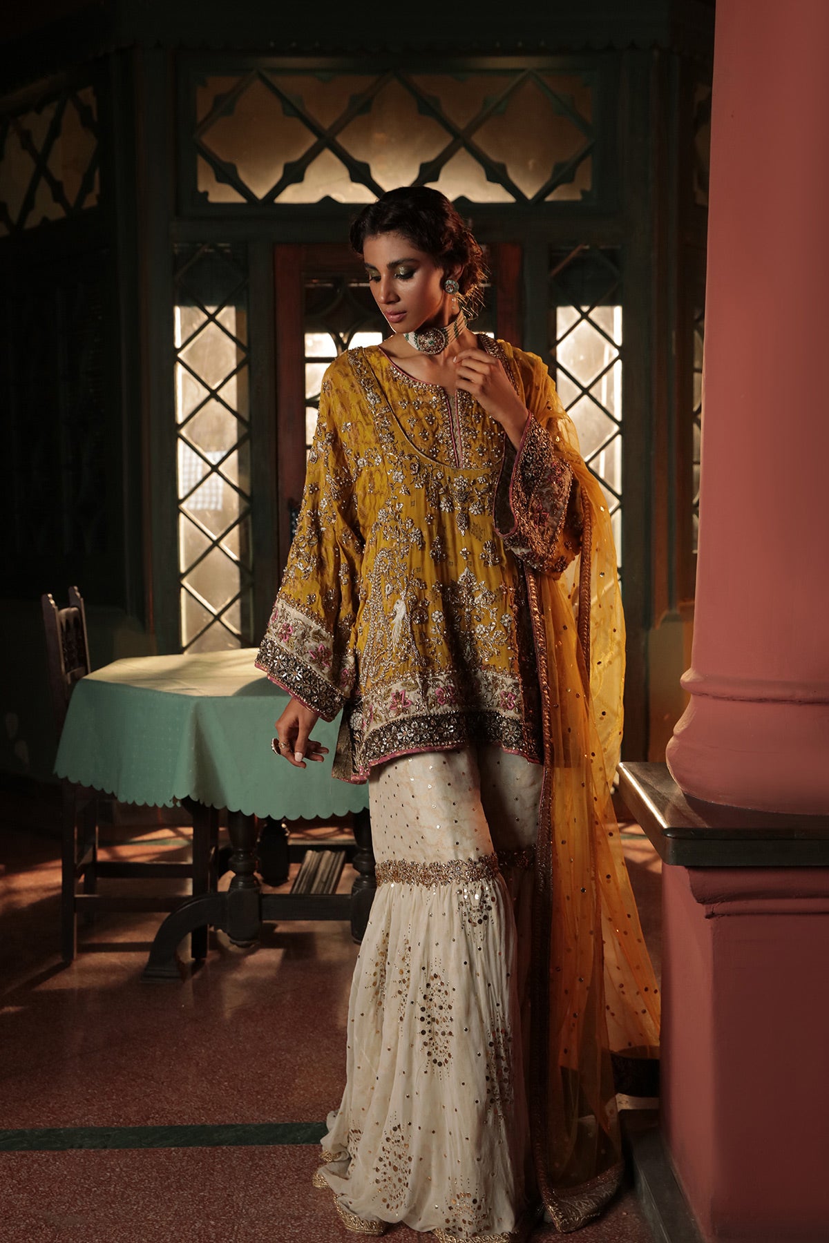 Pakistani Marigold Embroidered Chiffon Jamawar Gharara (3-Piece) - Image 1
