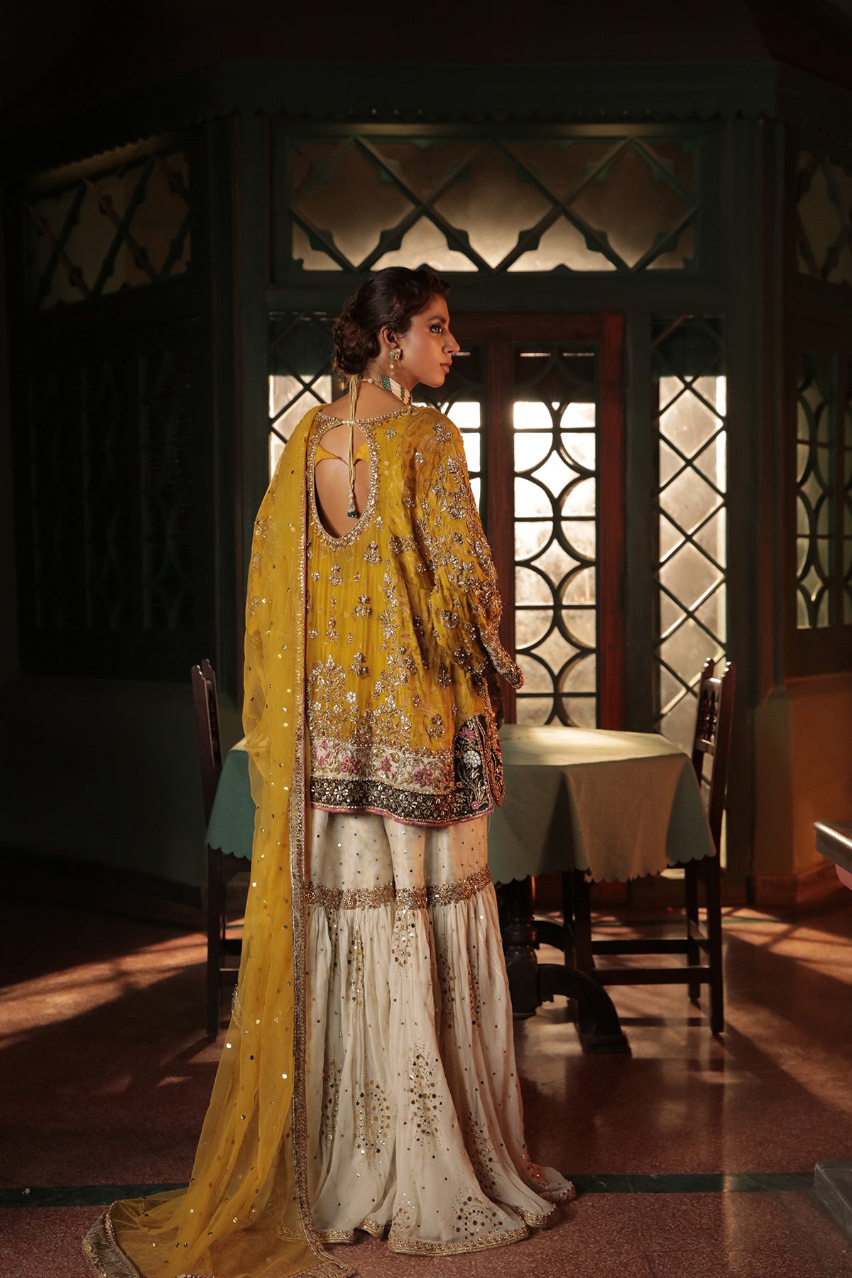 Pakistani Marigold Embroidered Chiffon Jamawar Gharara (3-Piece) - Image 2