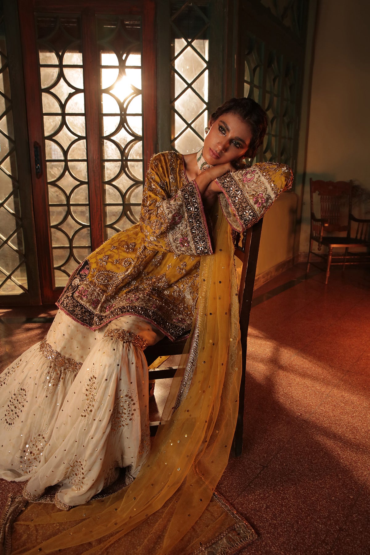 Pakistani Marigold Embroidered Chiffon Jamawar Gharara (3-Piece) - Image 3