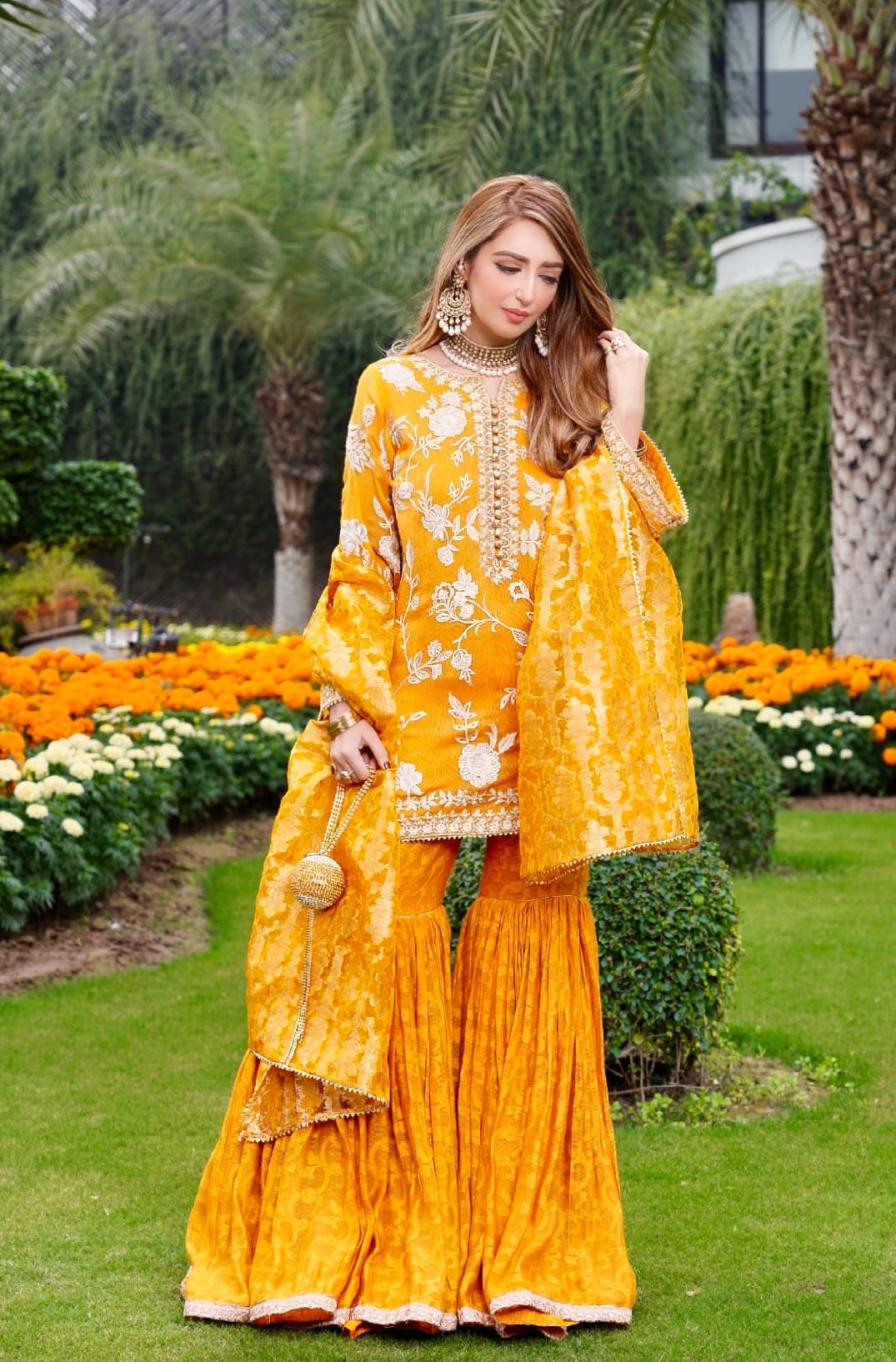 Marigold Zari Embroidered Cotton Net Gharara (3-Piece) - Image 1