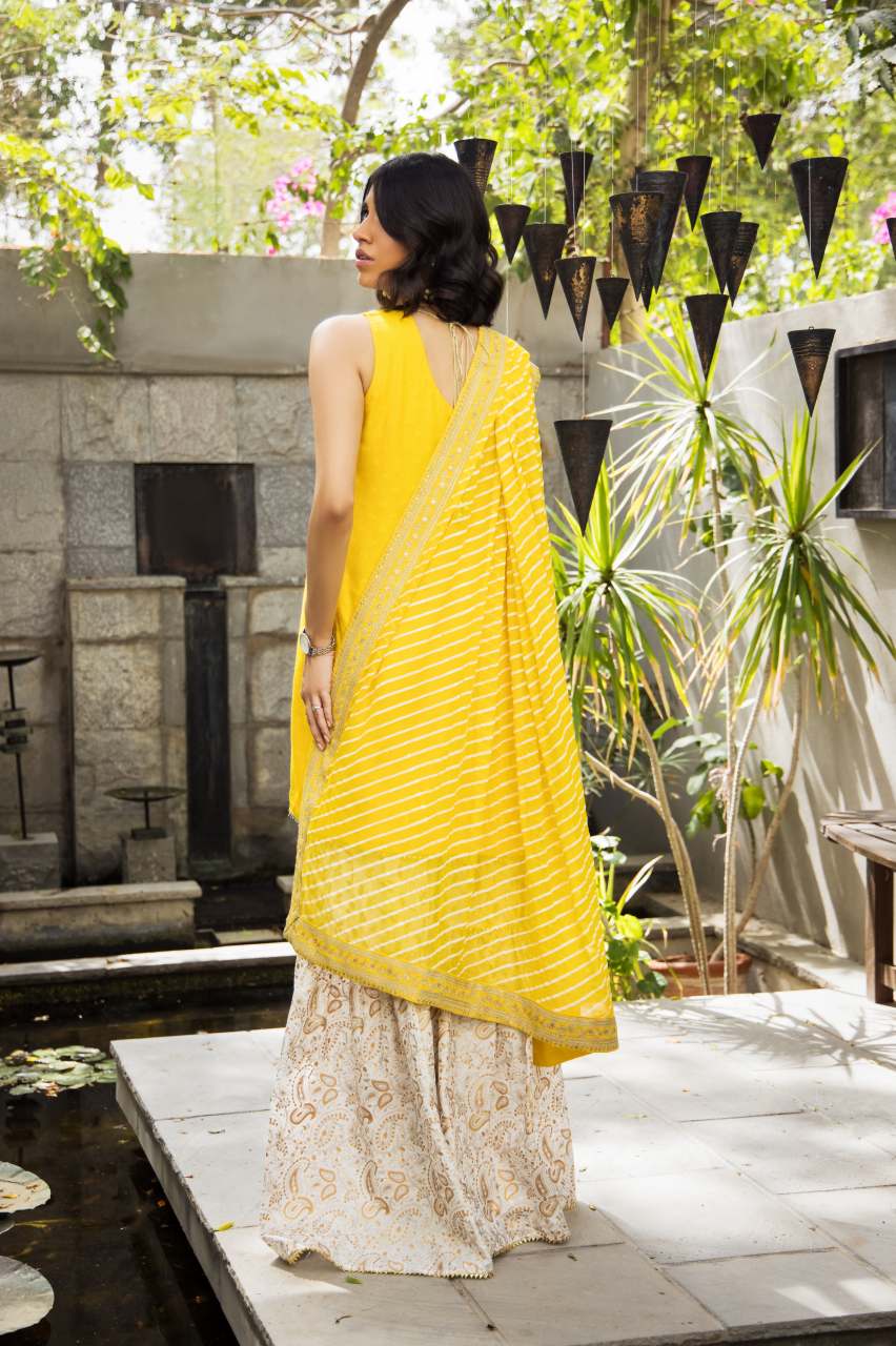 Pakistani Yellow Zari Cotton Net & Silk Gharara Set (3-Piece) - Image 8
