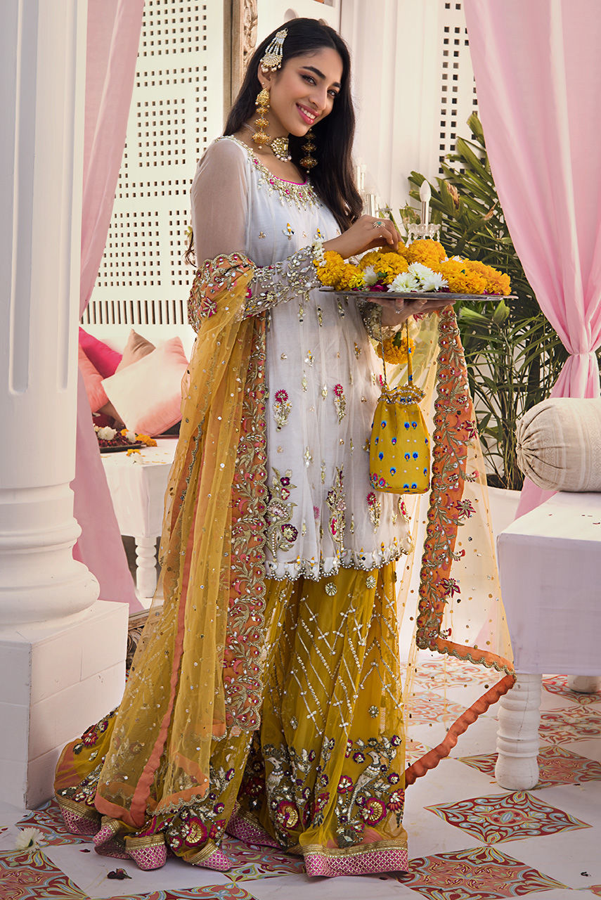 Chrome Yellow & Ivory Embroidered French Net Gharara (3-Piece) - Image 1