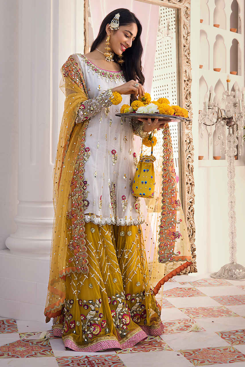 Chrome Yellow & Ivory Embroidered French Net Gharara (3-Piece) - Image 2