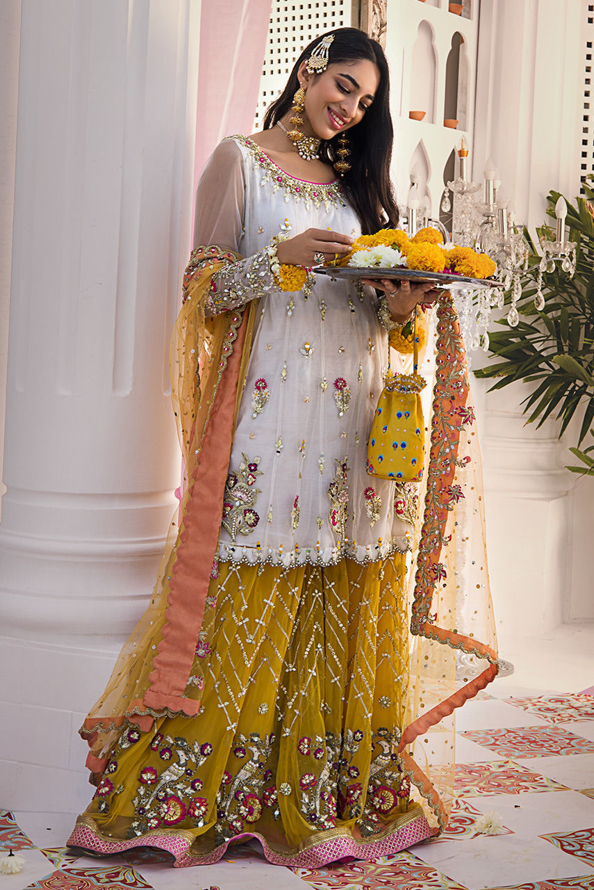 Chrome Yellow & Ivory Embroidered French Net Gharara (3-Piece) - Image 3