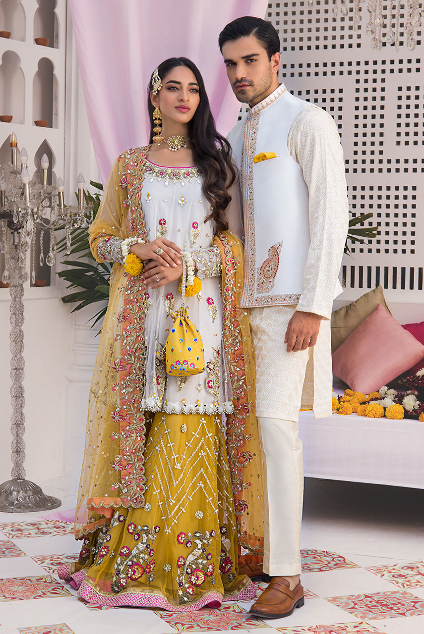 Chrome Yellow & Ivory Embroidered French Net Gharara (3-Piece) - Image 4