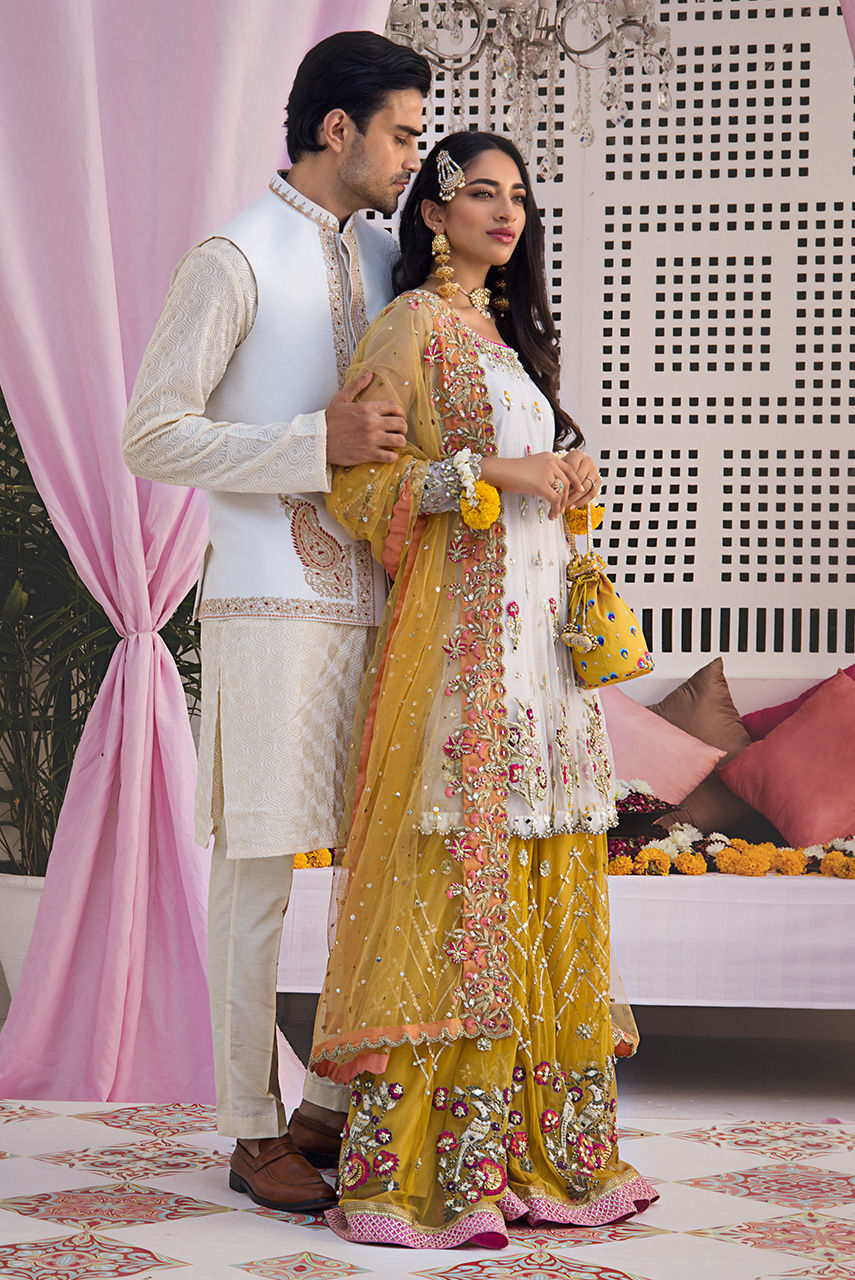 Chrome Yellow & Ivory Embroidered French Net Gharara (3-Piece) - Image 5