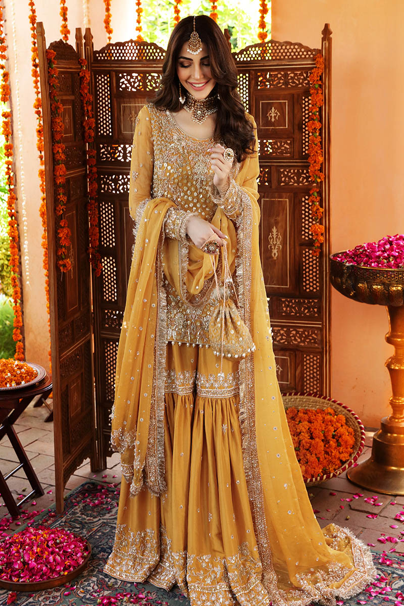 Amber Yellow Embroidered Georgette Gharara Set (3-Piece) - Image 1