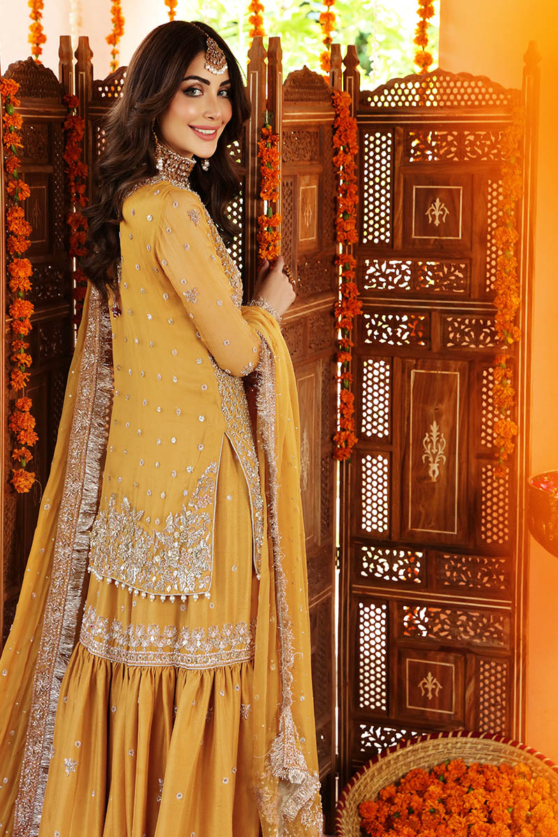 Amber Yellow Embroidered Georgette Gharara Set (3-Piece) - Image 10
