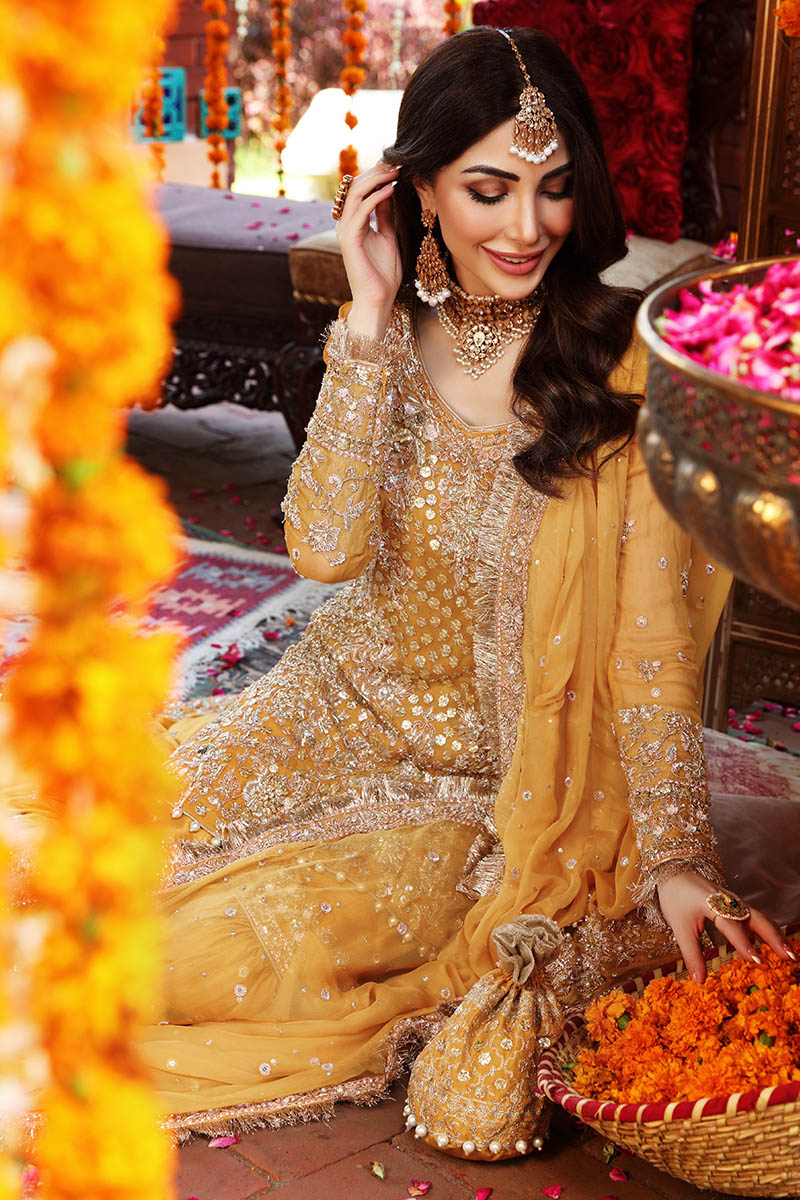 Amber Yellow Embroidered Georgette Gharara Set (3-Piece) - Image 11