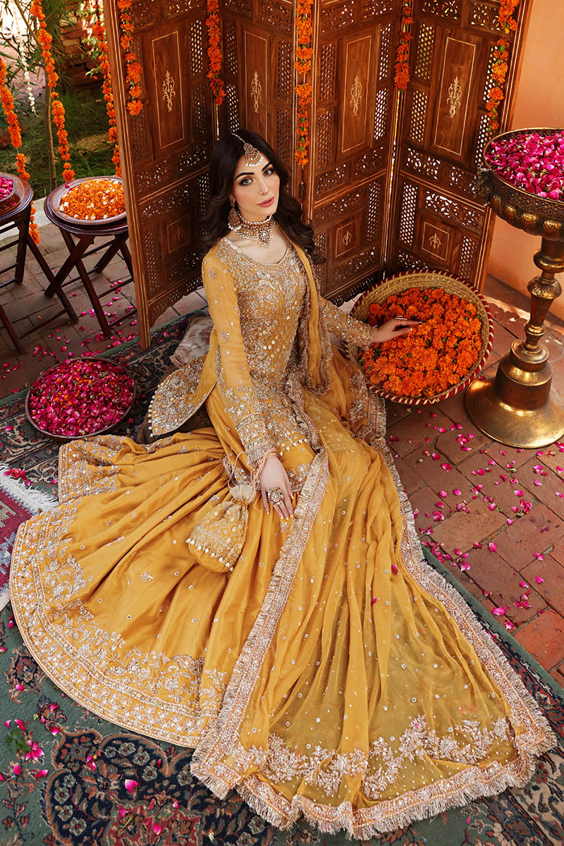 Amber Yellow Embroidered Georgette Gharara Set (3-Piece) - Image 12
