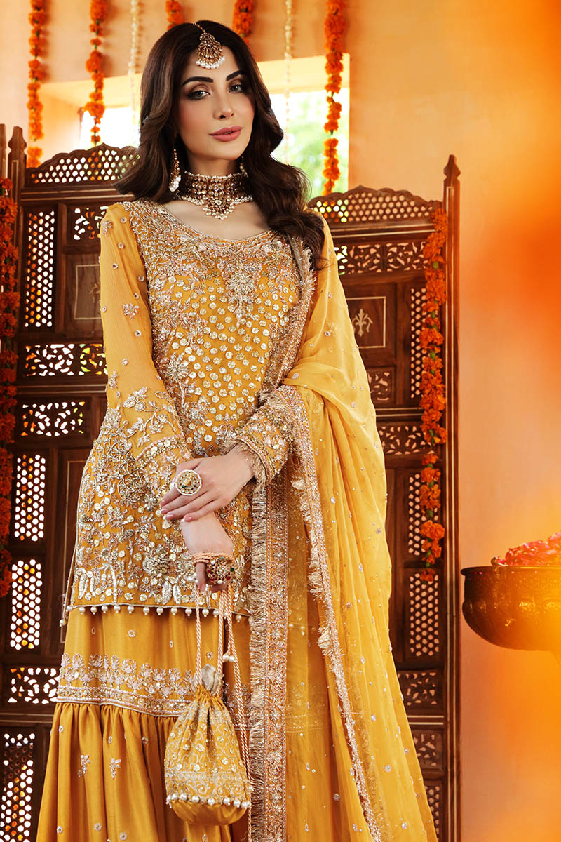 Amber Yellow Embroidered Georgette Gharara Set (3-Piece) - Image 13