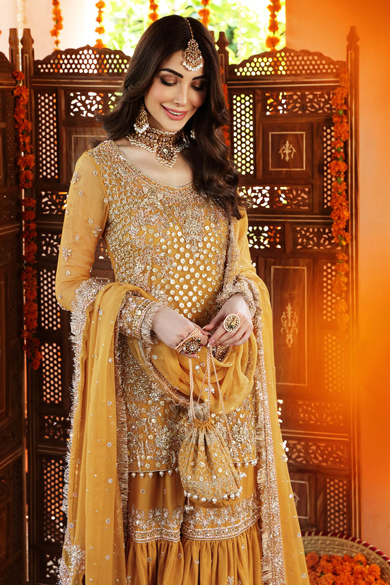 Amber Yellow Embroidered Georgette Gharara Set (3-Piece) - Image 2