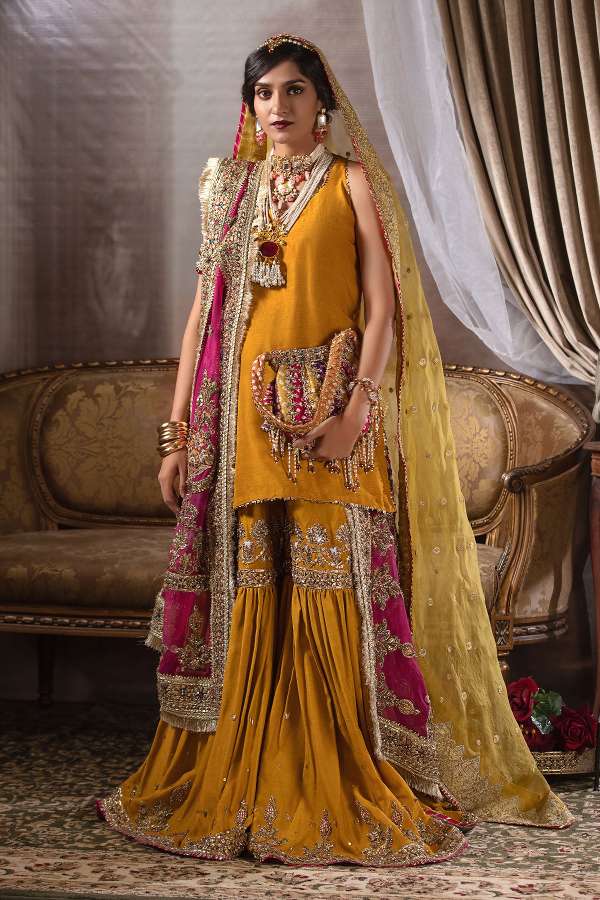 Mustard Resham & Gota Korean Silk Gharara (3-Piece) - Image 1