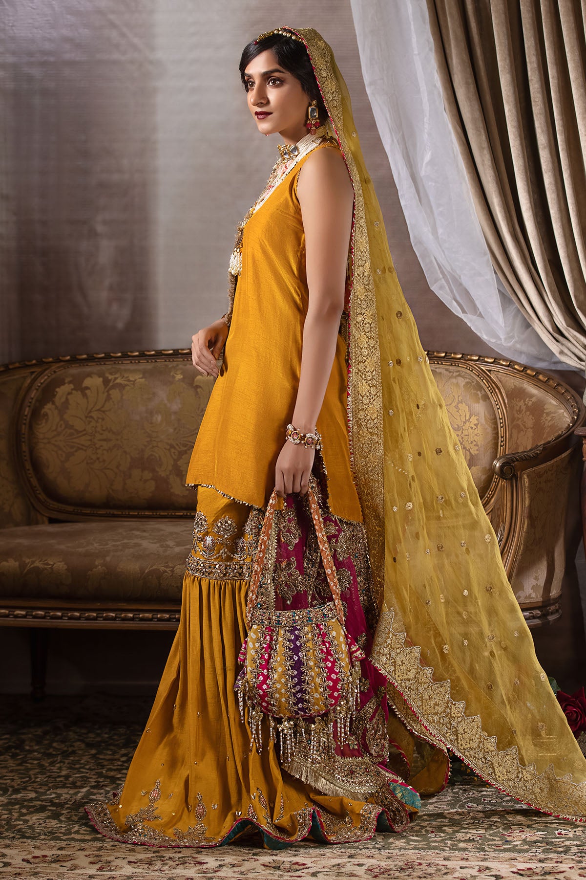 Mustard Resham & Gota Korean Silk Gharara (3-Piece) - Image 2
