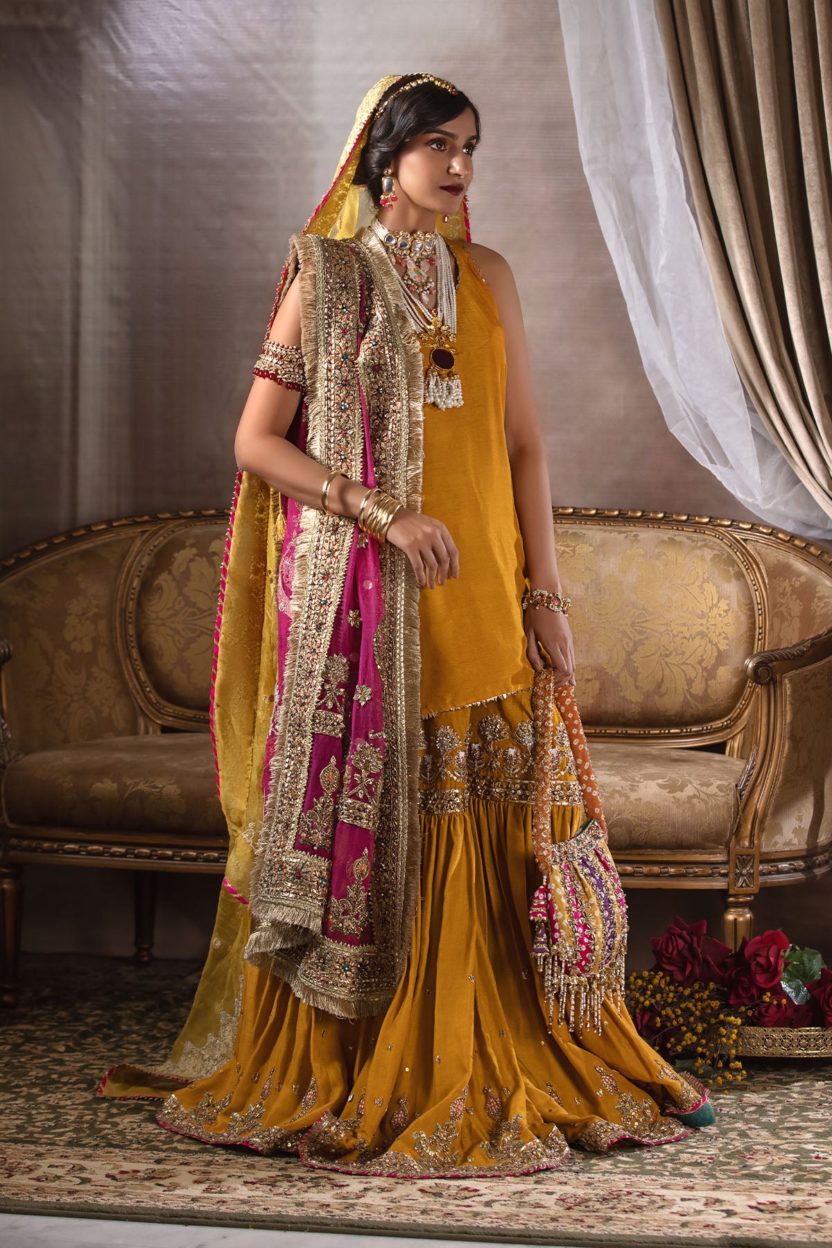 Mustard Resham & Gota Korean Silk Gharara (3-Piece) - Image 3
