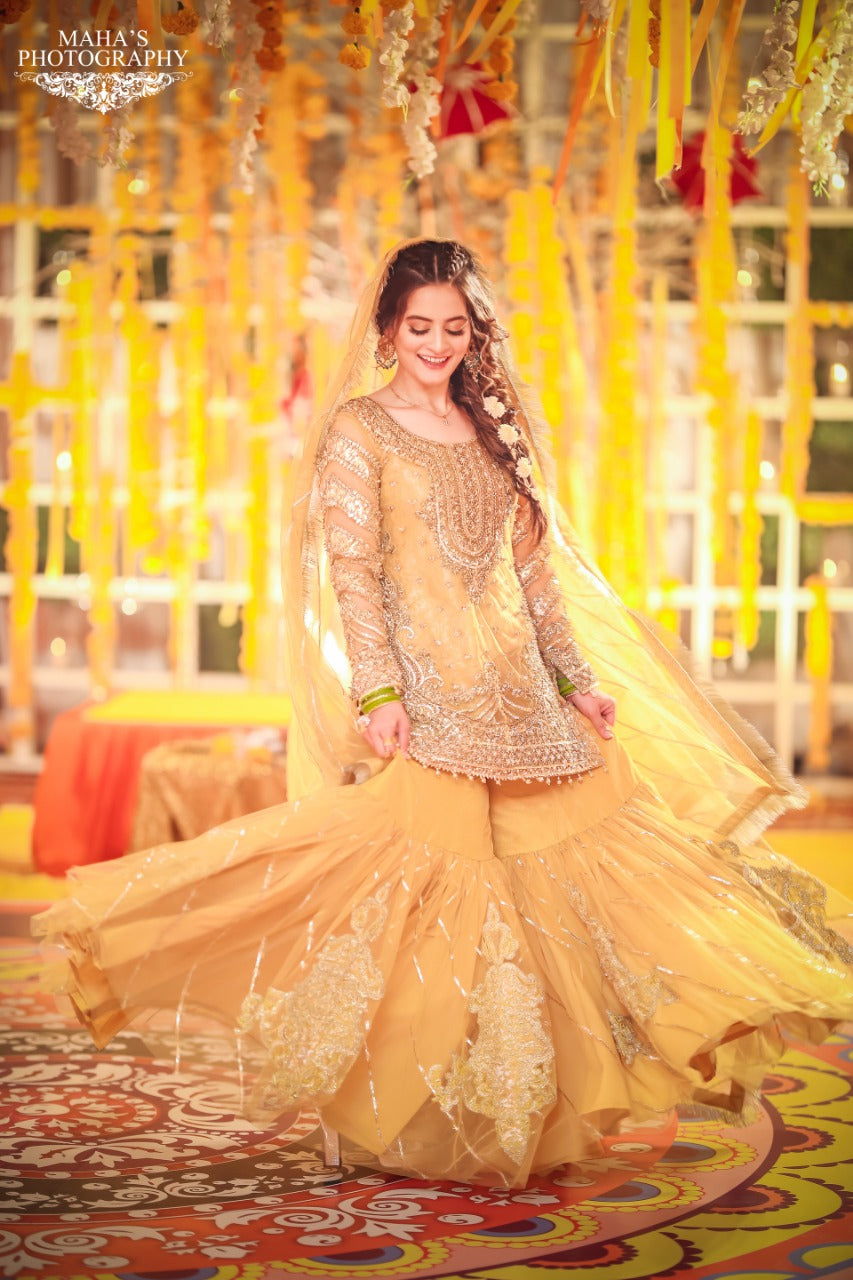 Pakistani Mustard Yellow Embroidered Net Silk-Blend Gharara (3-Piece) - Image 2