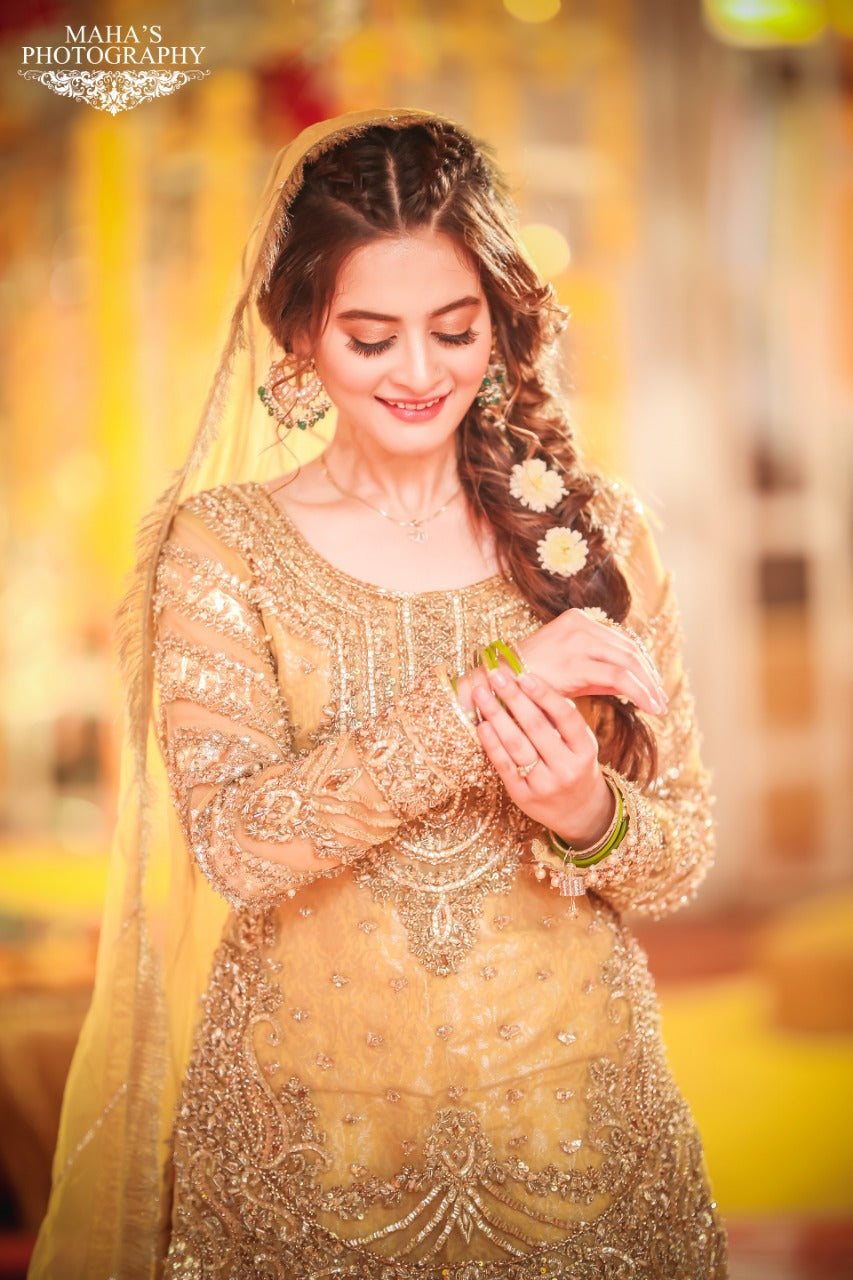 Pakistani Mustard Yellow Embroidered Net Silk-Blend Gharara (3-Piece) - Image 3