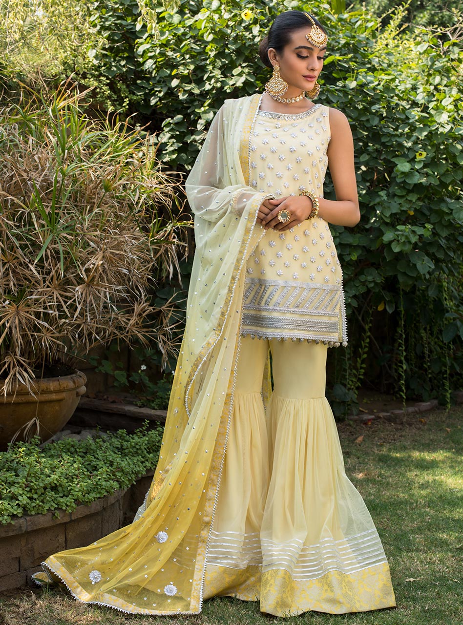 Lemon Yellow Gota Embroidered Net Gharara (3-Piece) - Image 1