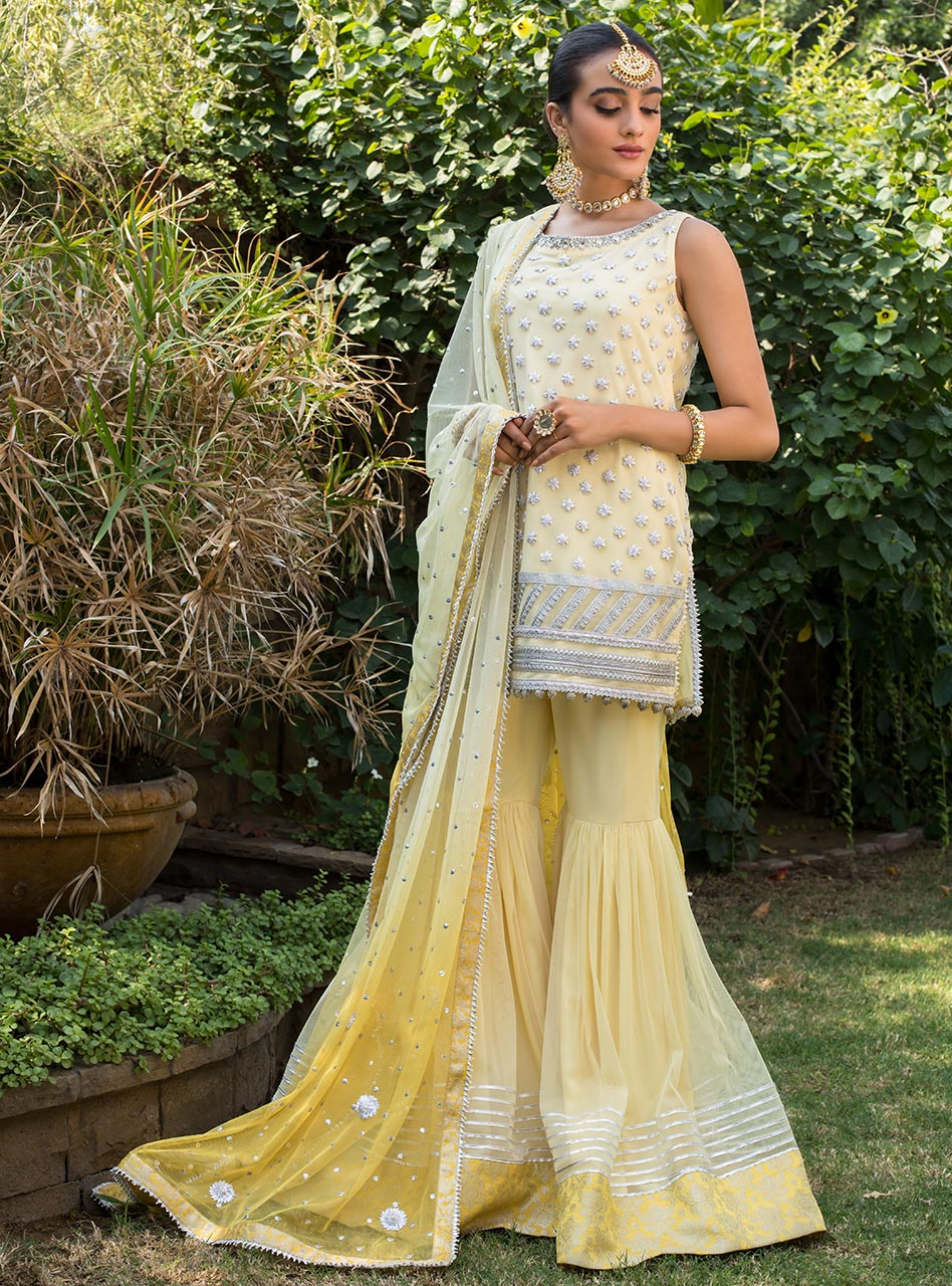 Pakistani Lemon Yellow Gota Embroidered Net Gharara (3-Piece) - Image 2