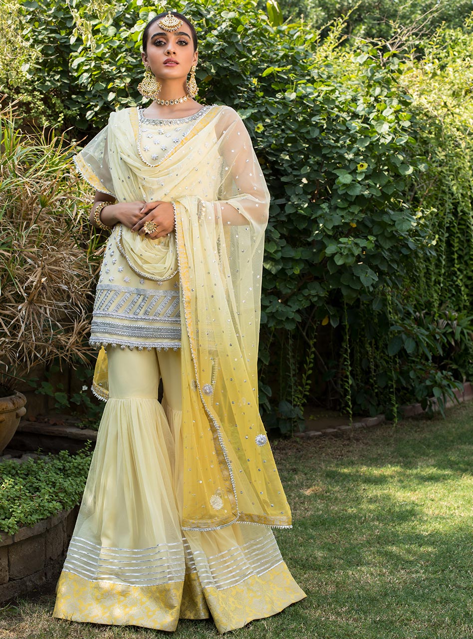 Pakistani Lemon Yellow Gota Embroidered Net Gharara (3-Piece) - Image 3