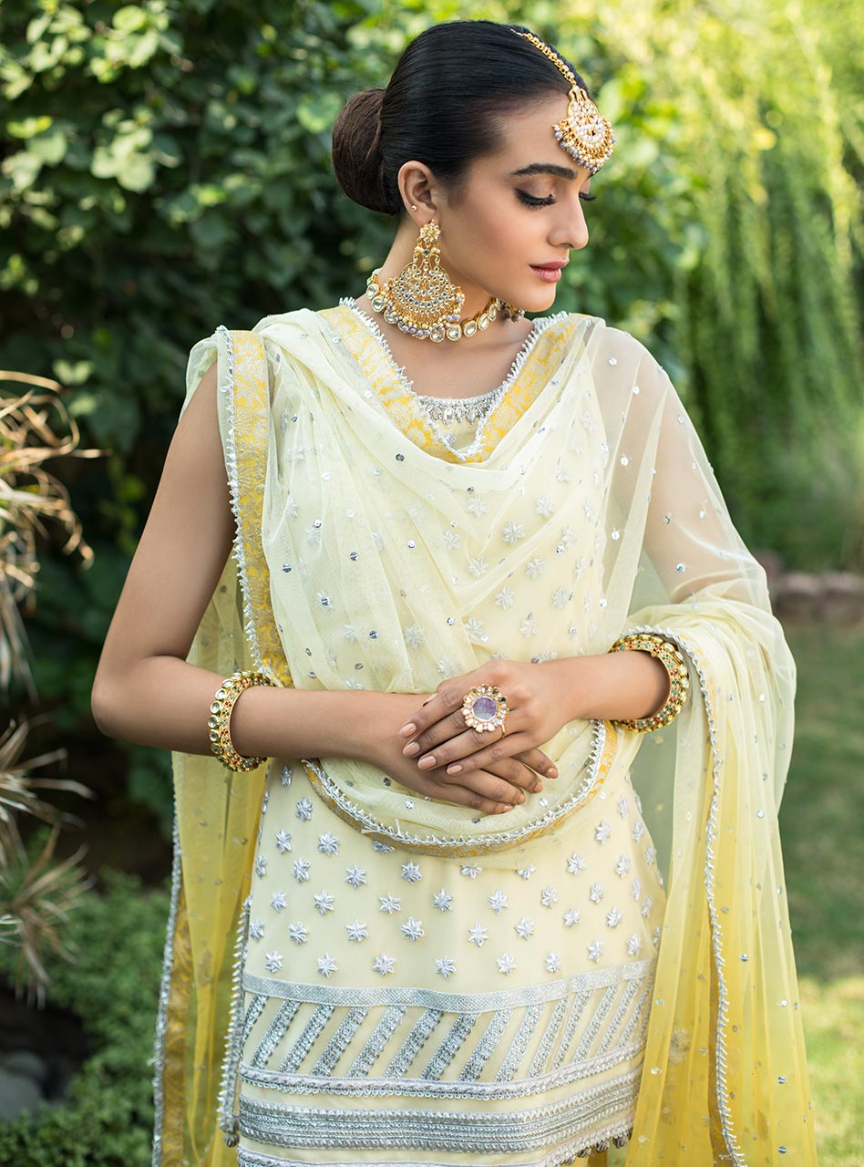 Pakistani Lemon Yellow Gota Embroidered Net Gharara (3-Piece) - Image 4