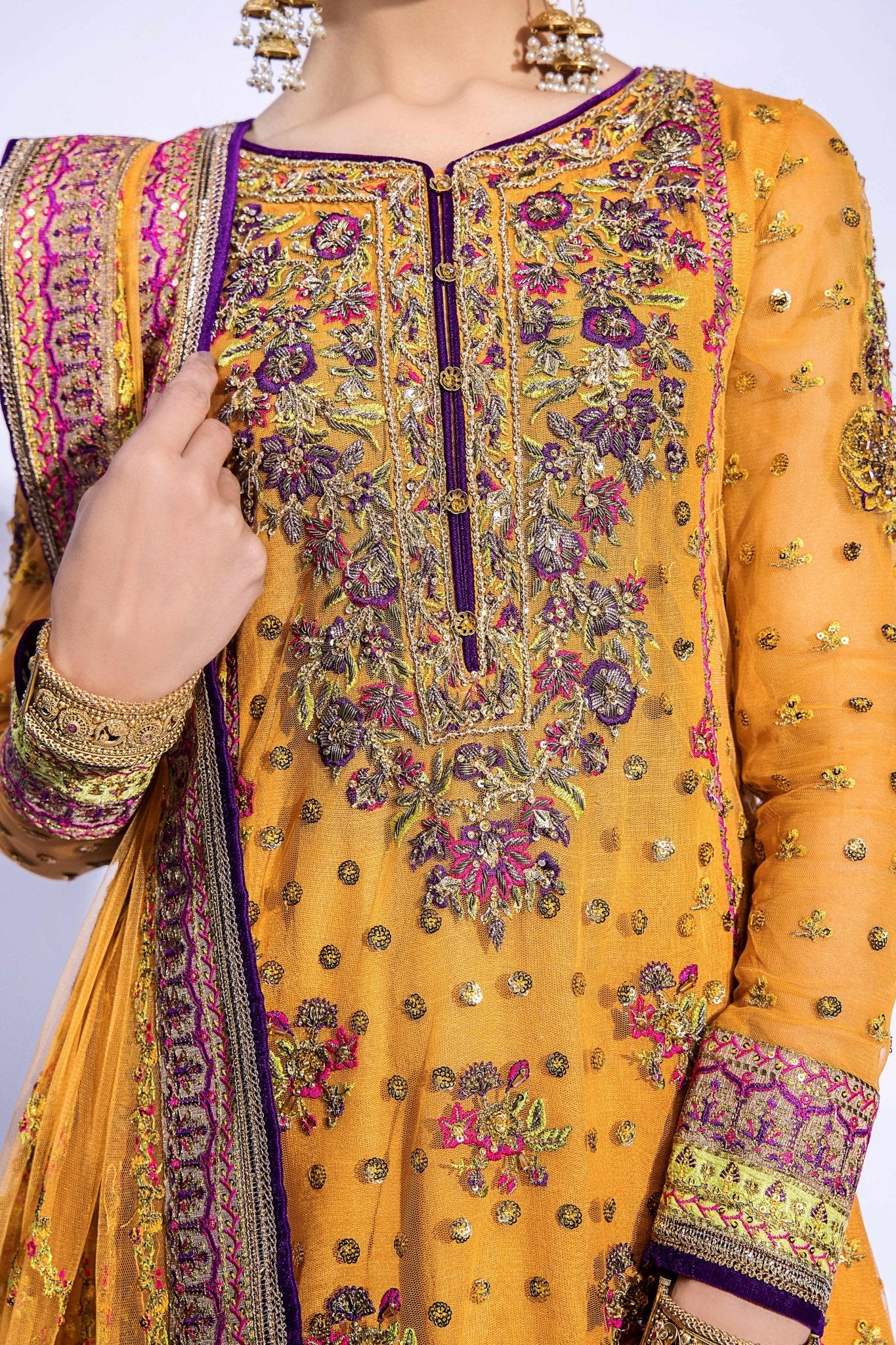 Mustard Zardozi Net Gharara Set (3-Piece) - Image 10