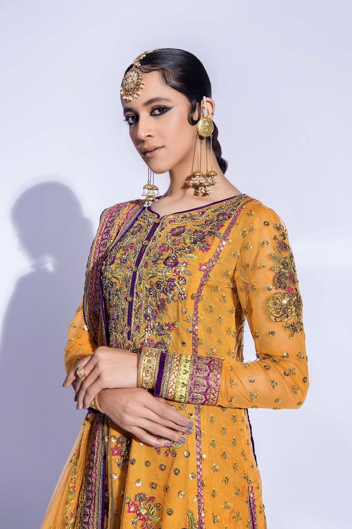 Mustard Zardozi Net Gharara Set (3-Piece) - Image 3