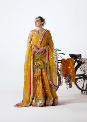 Pakistani Mustard Embroidered Organza Gharara Set (3-Piece) - Image 2