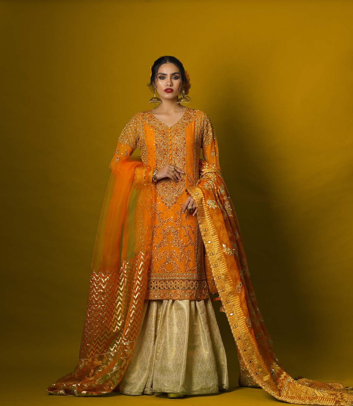Pakistani Marigold Embroidered Long Kameez with Gold Gharara (3-Piece) - Image 1