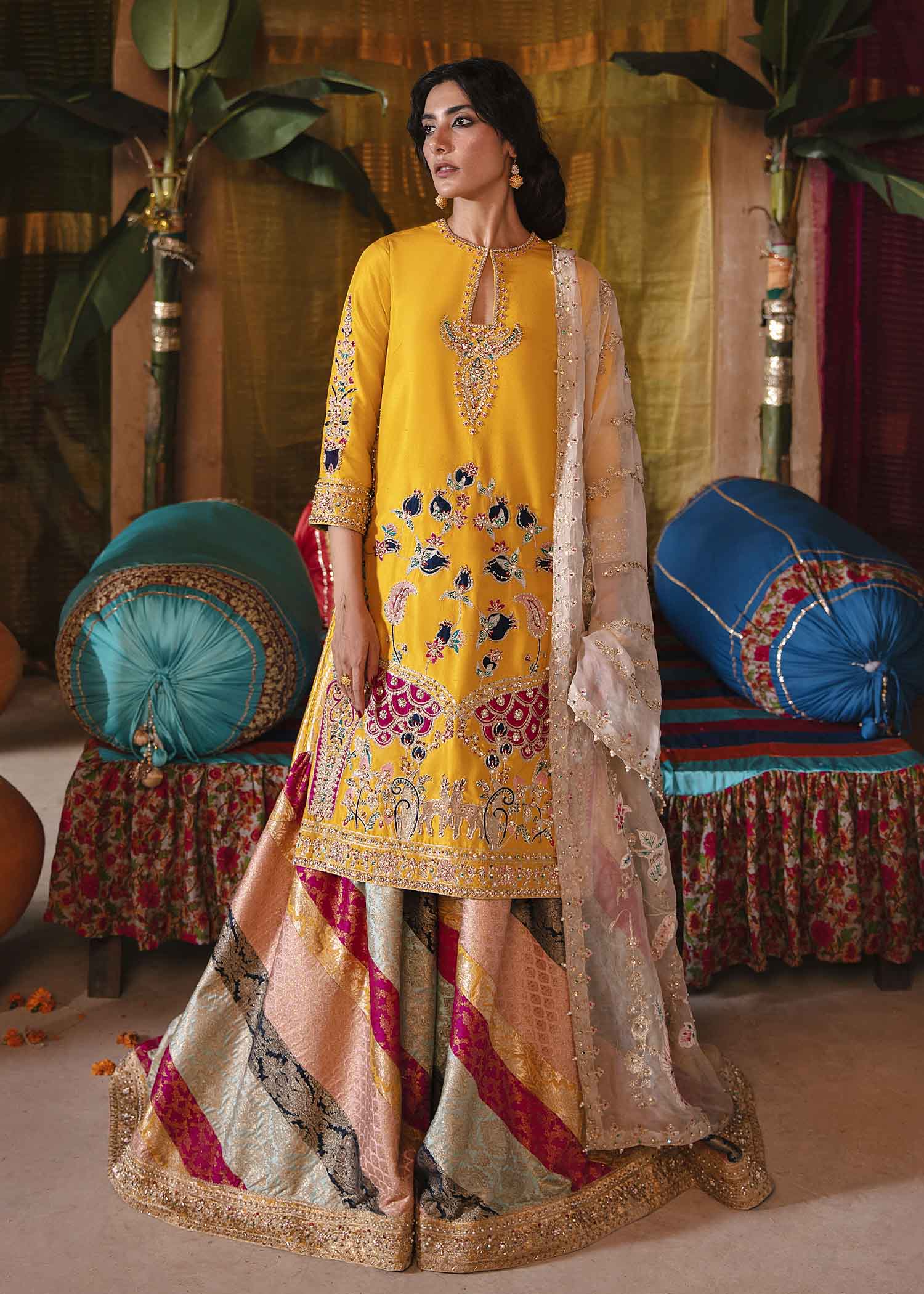 Sunshine Yellow Aari-Embroidered Raw Silk Gharara (3-Piece) - Image 1