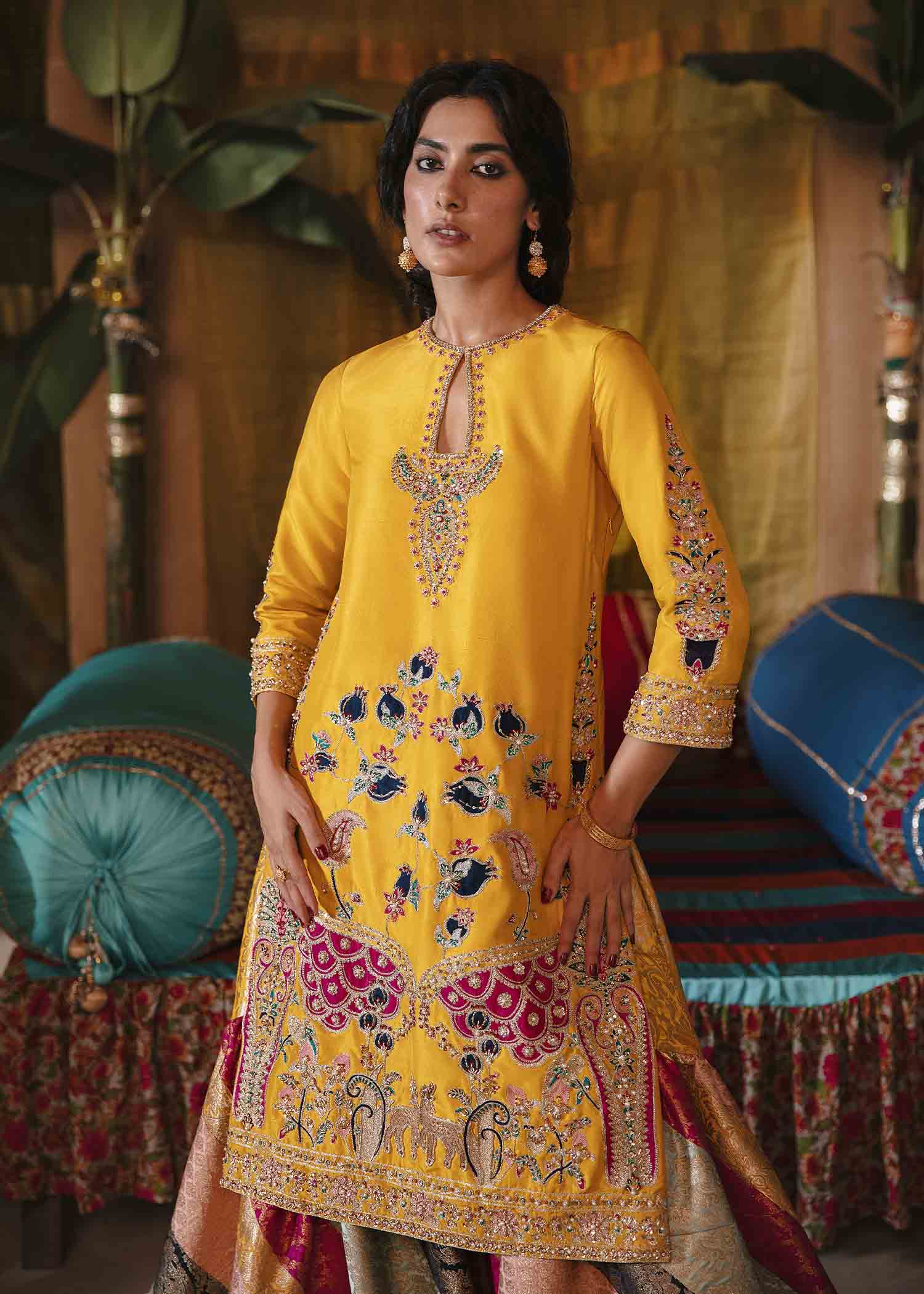 Yellow Aari Embroidered Raw Silk Gharara (3-Piece) - Image 2
