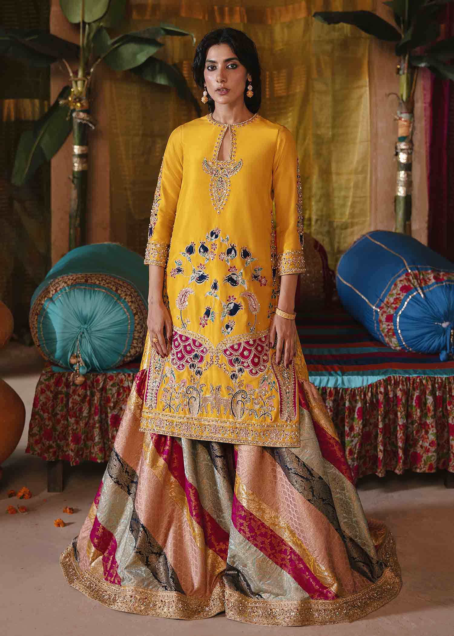 Yellow Aari Embroidered Raw Silk Gharara (3-Piece) - Image 3