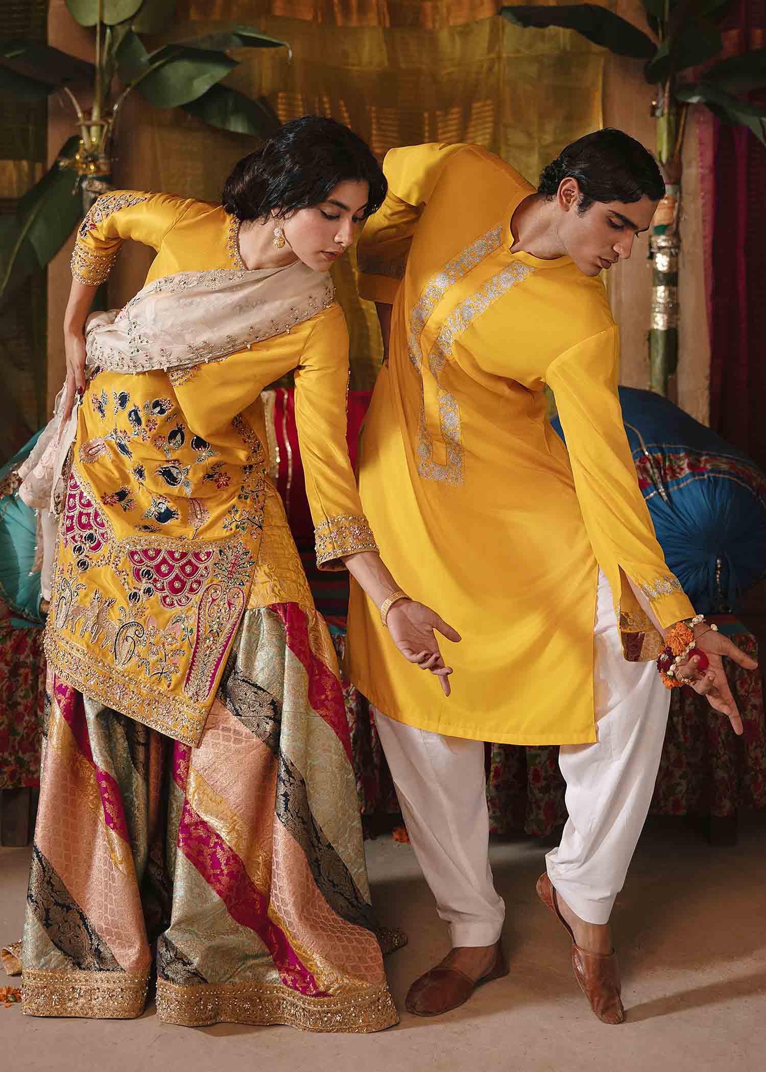 Yellow Aari Embroidered Raw Silk Gharara (3-Piece) - Image 4